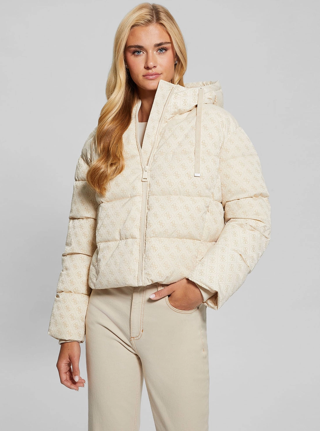 Wrinkle resistant fabric Beige Logo Daisy Puffer Jacket
