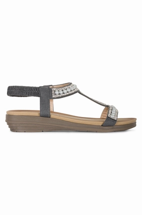 Non Toxic Material Composition Easy Slip On Pearl & Gem T bar Sandal | GREY | TANCY AB