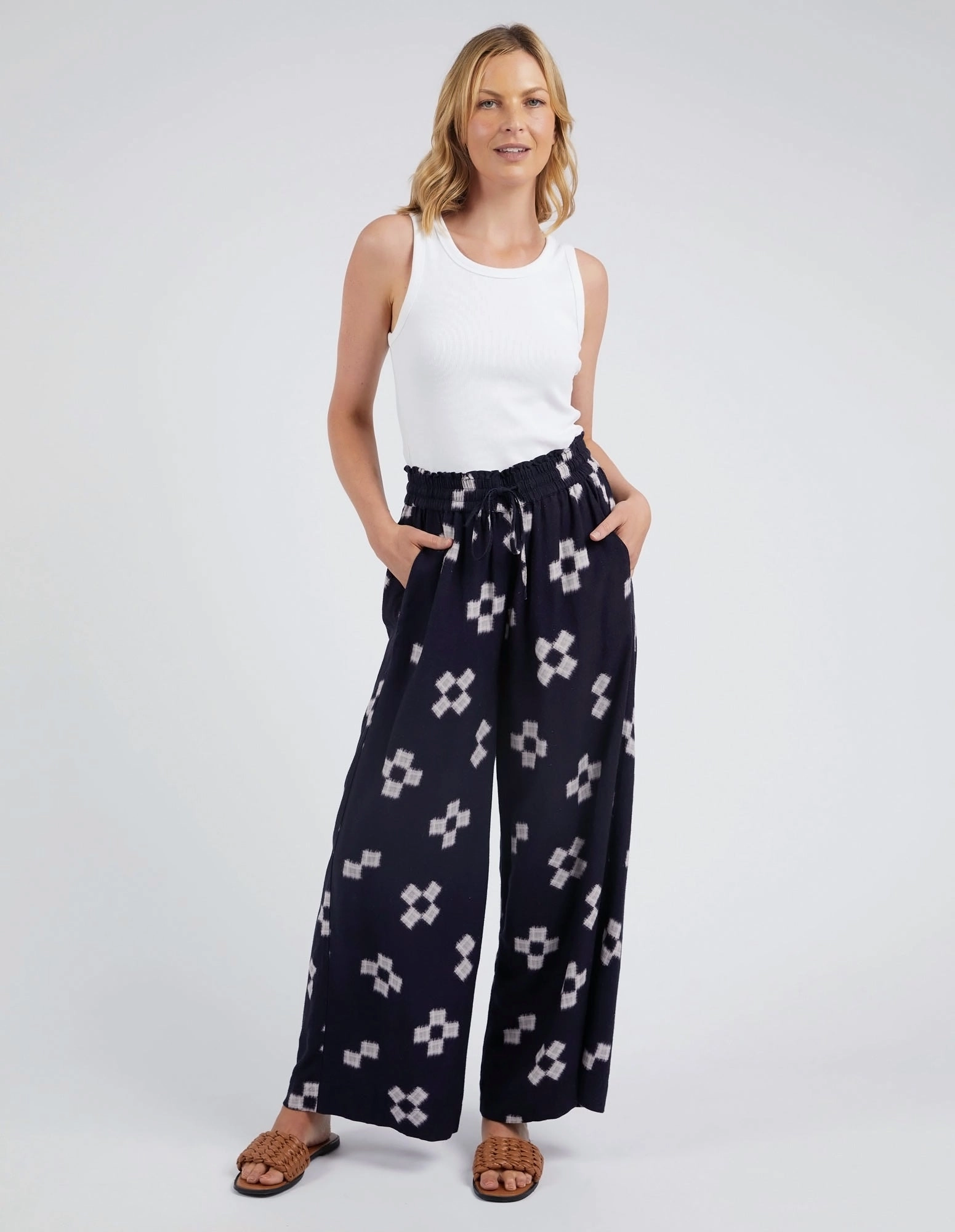 Holiday Outfit Eco Friendly Four Way Morning Jog Elm Positano Pant Navy Print
