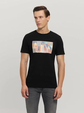 Eco Black Logo Mosaic T-Shirt Tencel Cotton Hybrid Weave Interlock Stitch Detail