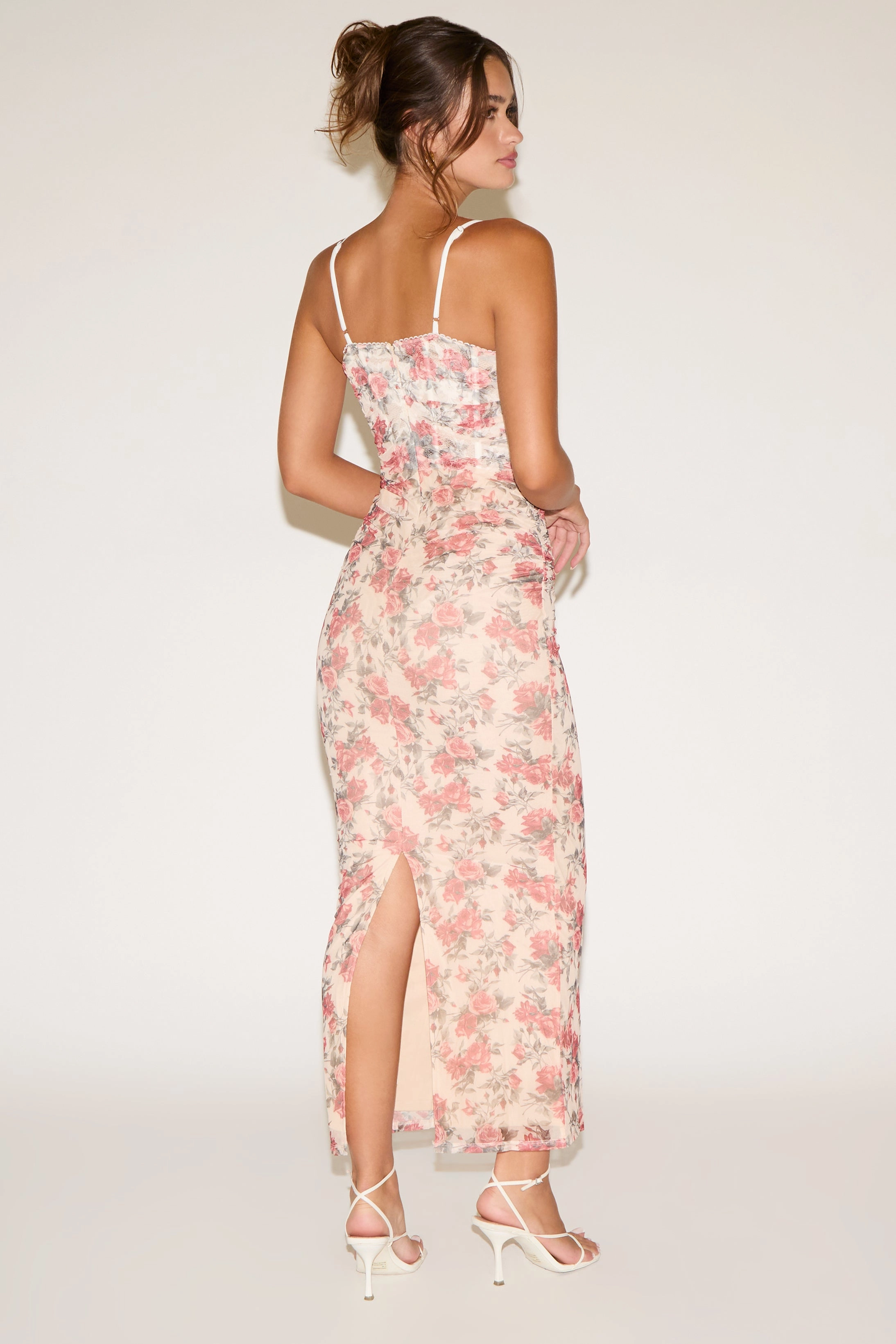 LACE TRIM FLOWER PRINT MAXI DRESS WITH BONING Crinkle Effect