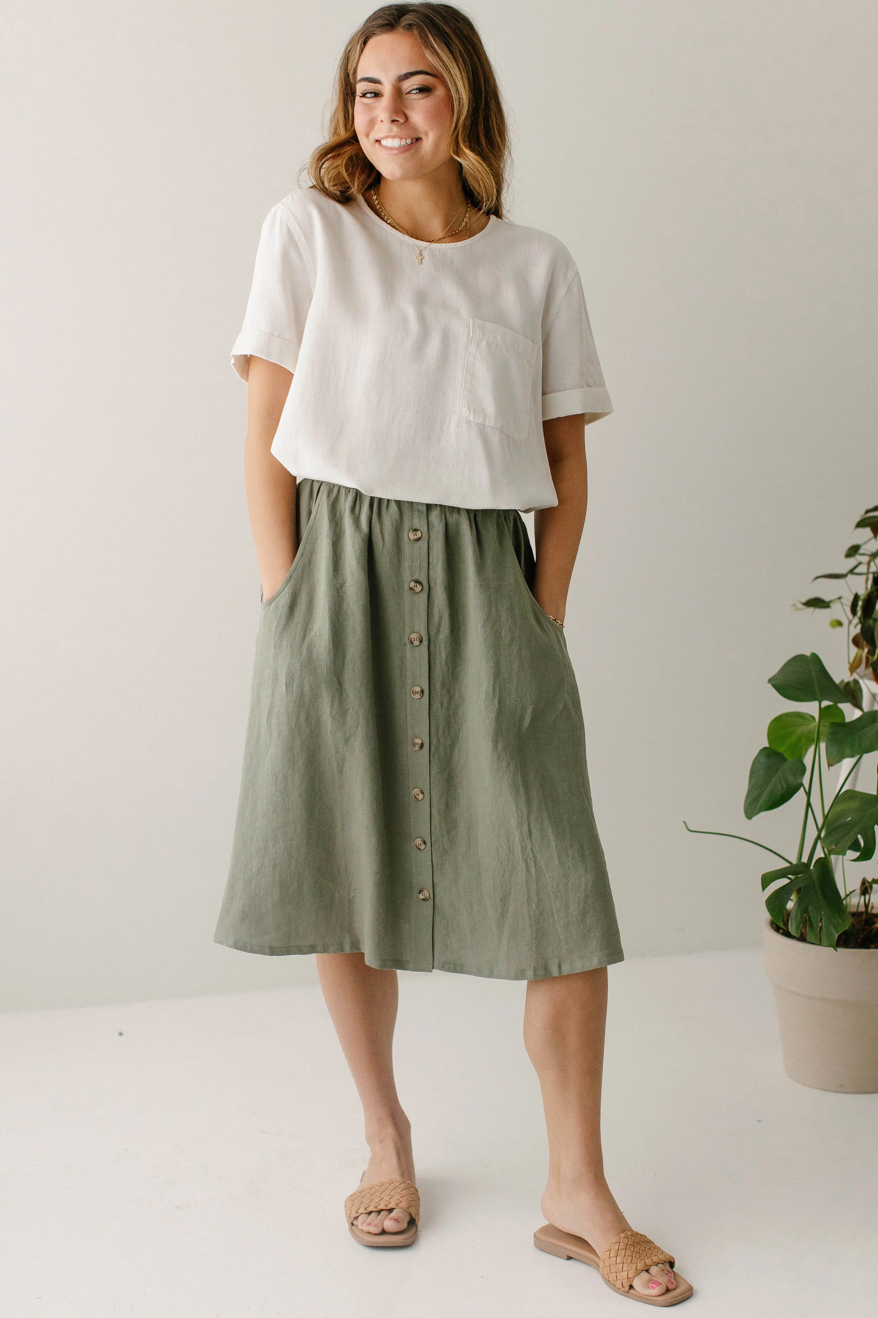 'Tirzah' 100% Linen Button Front Skirt Leg Elongating Plus size option