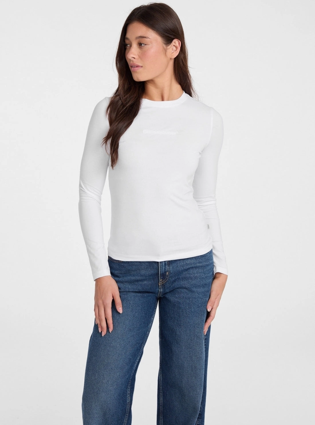 Guess Jeans White Slim Long Sleeve T-Shirt Relaxed Blouse DoubleLayeredFabric