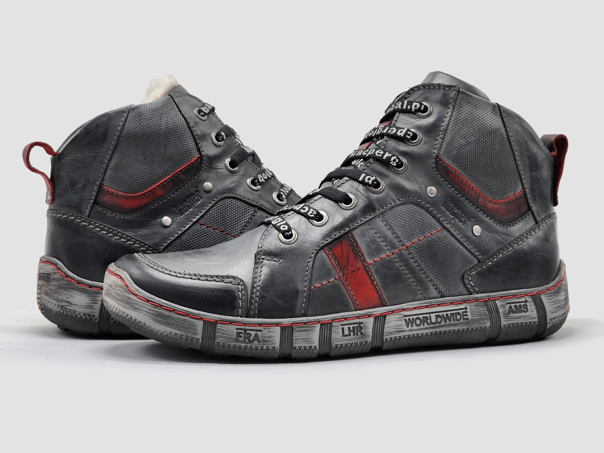 Slip   Resistant Lug Daily Rugged Men's Comfort Thick Wool-Lined Zip-Up Leather Boots - Grey/Red