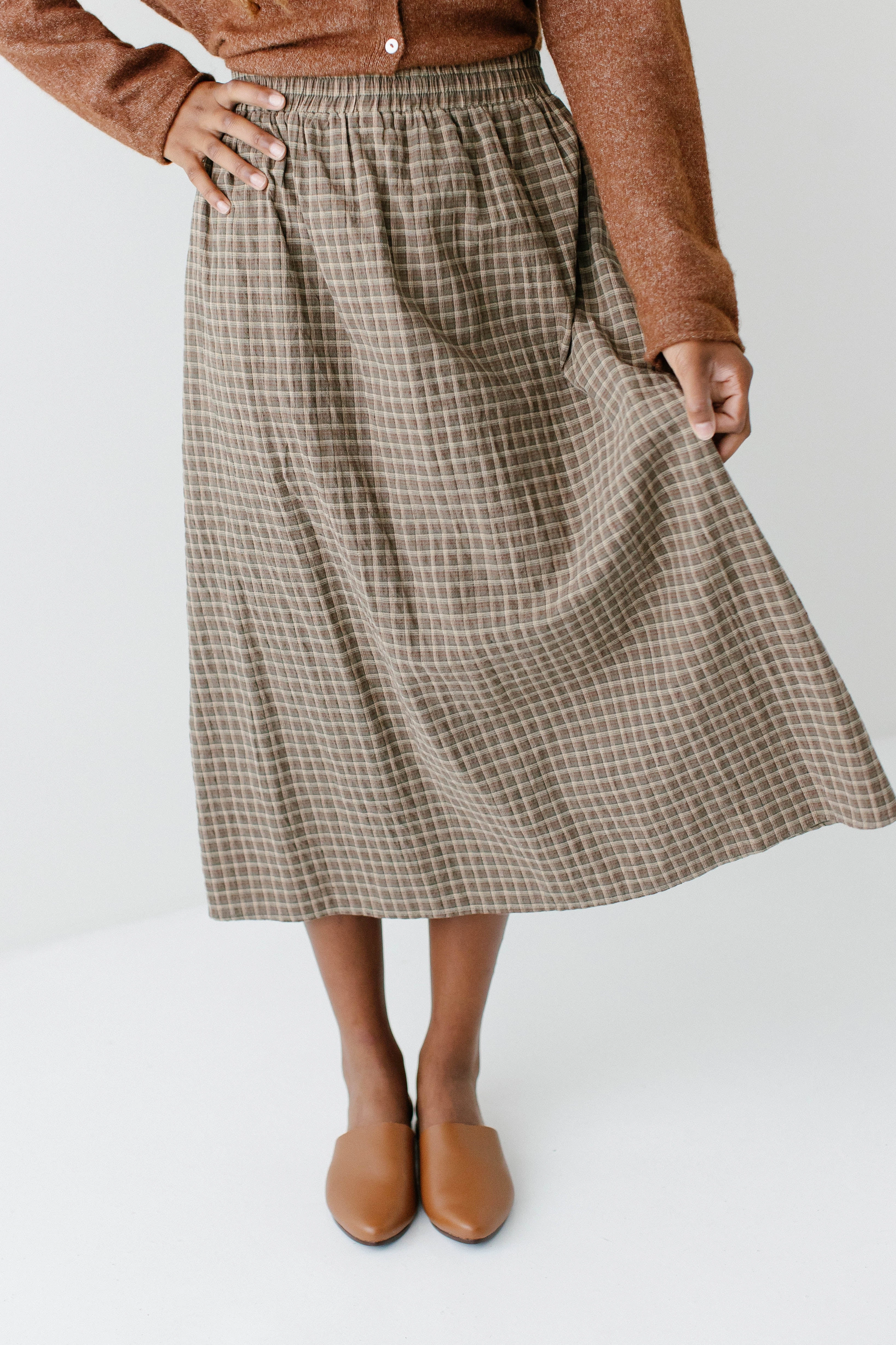 'Havilah' Plaid Print Cotton Midi Skirt Pastel tone Linen Cotton Mix