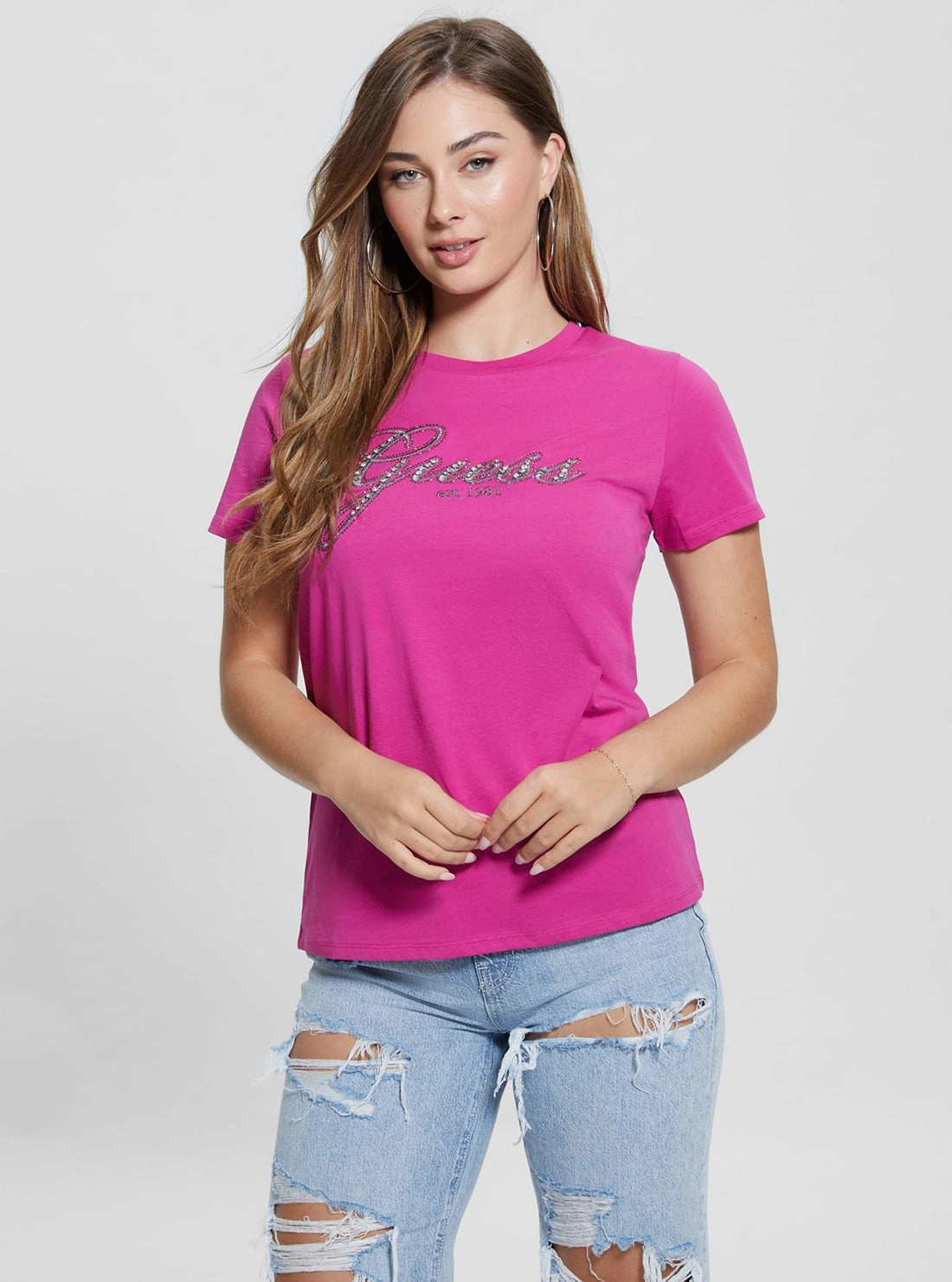 Pink Glam Logo T-Shirt Midweight Texture Basic Long Sleeve