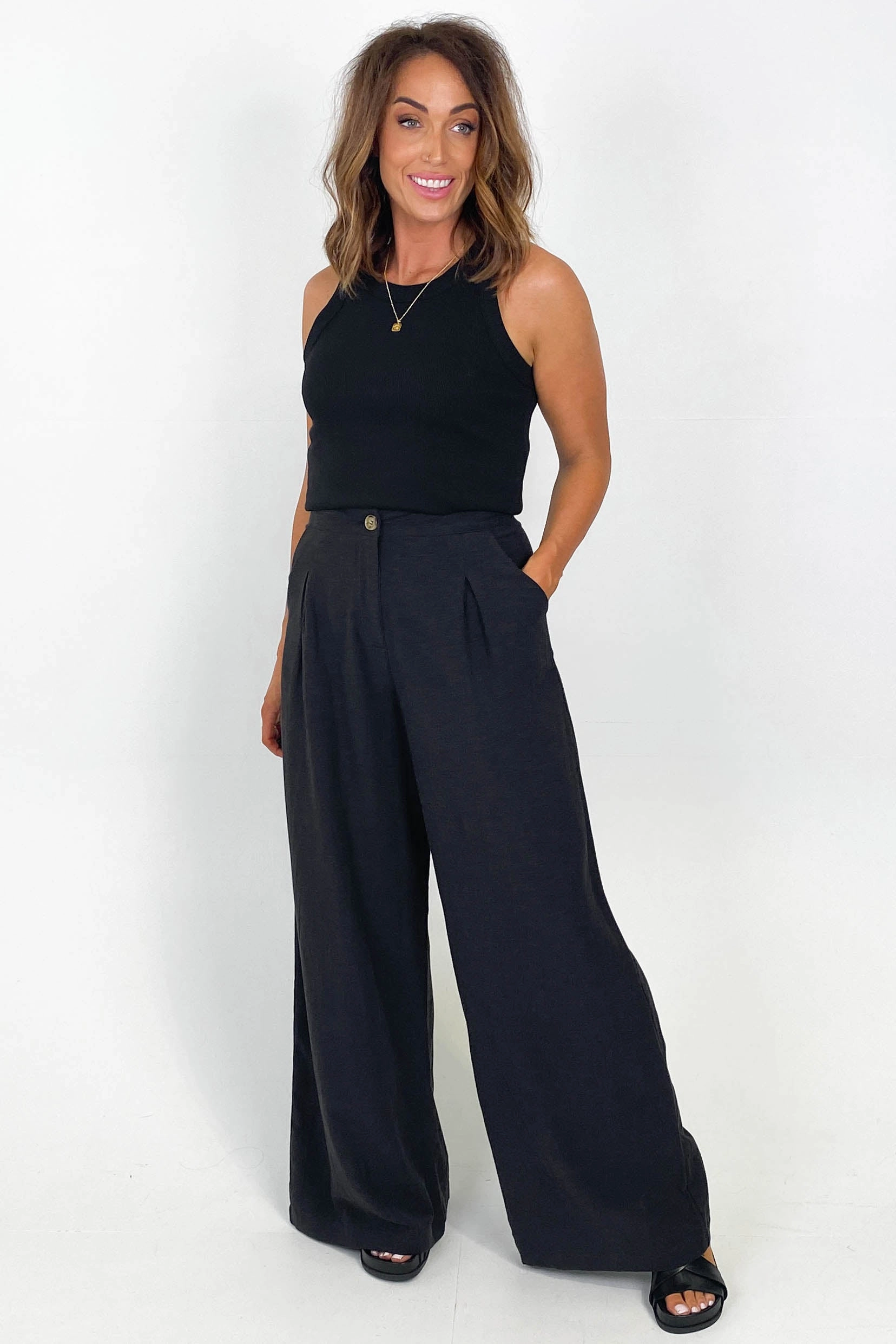 Non-Slip Waist Movement Essential Iris Maxi Linen Blend Pants Black