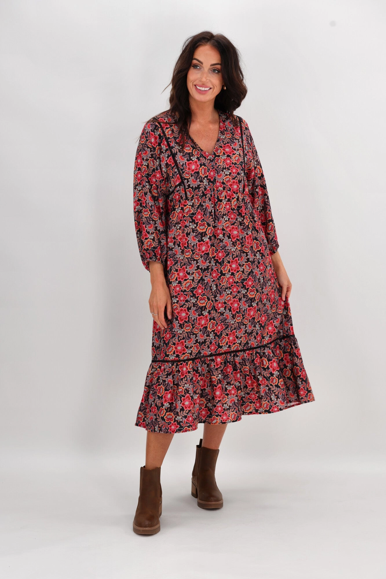 Sunday Boho Rachel Empire Seam Midi Dress Midnight Floral Sophisticated Layers Elegant Mature