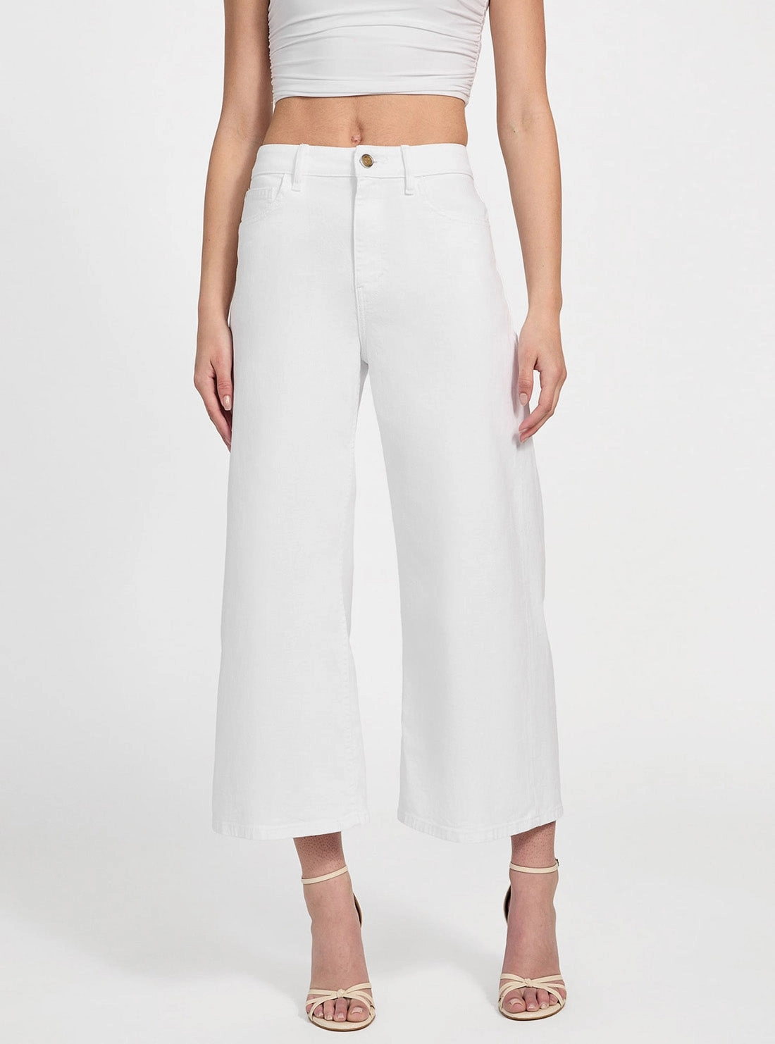 Weekend Warrior Adult Fashion Gym Ready White Bellflower Crop Wide Leg Jeans