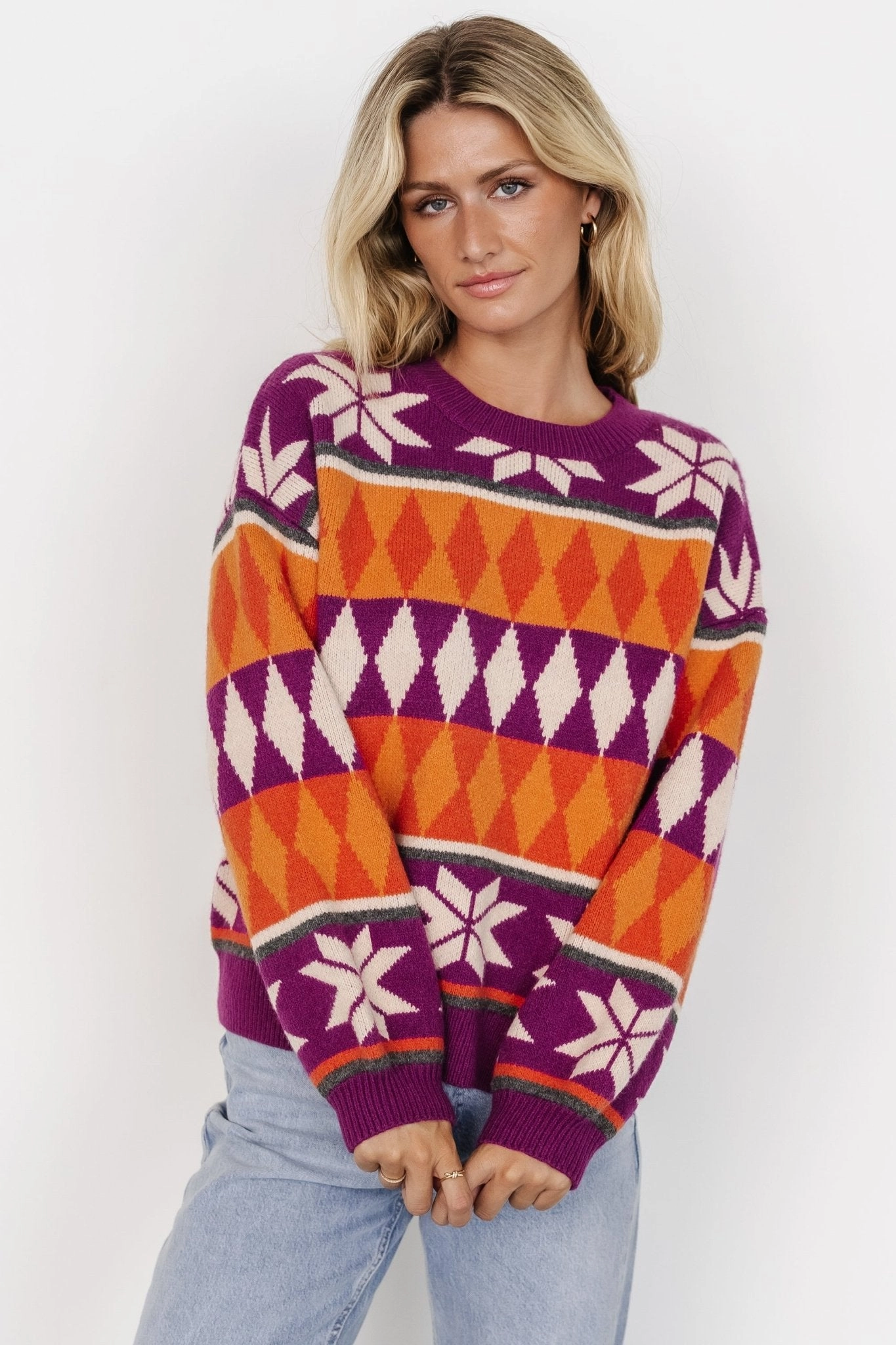 Zermatt Sweater | Magenta   Orange Print Seasonal Layers Layered Knitwear