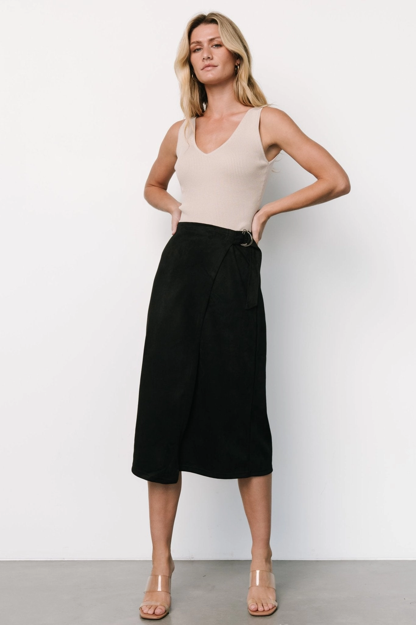 Malika Faux Wrap Skirt | Black Tapered Cut Wrap Front
