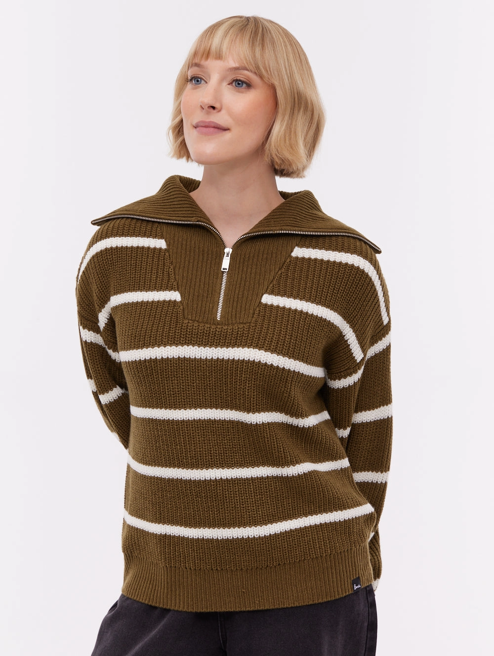 Margita Striped Zippered Funnel Sweater - Green HeavyweightThermal