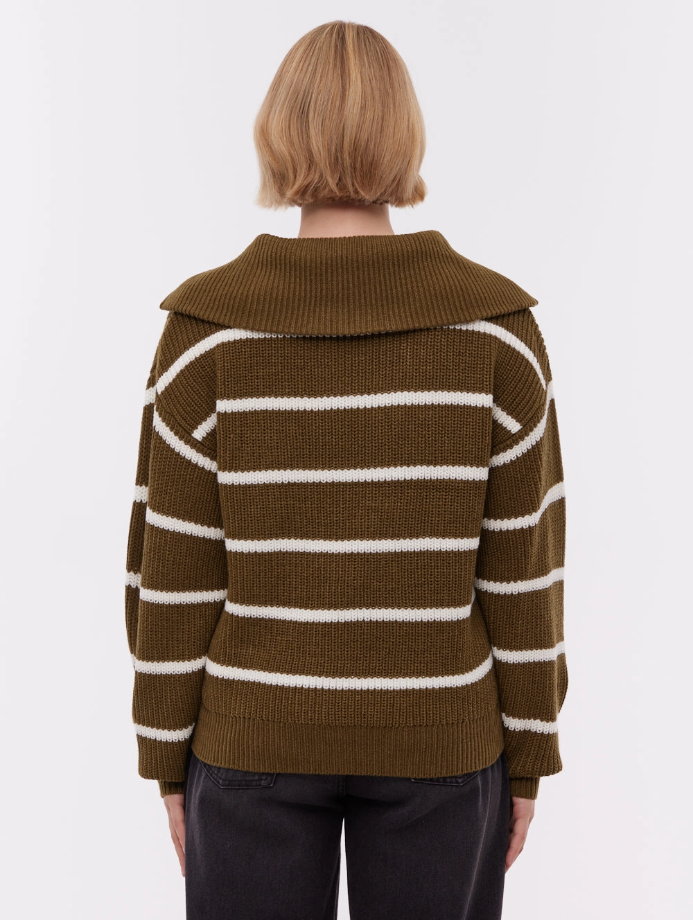 Basic Long Sleeve Double Stitched Hems Margita Striped Zippered Funnel Sweater - Green