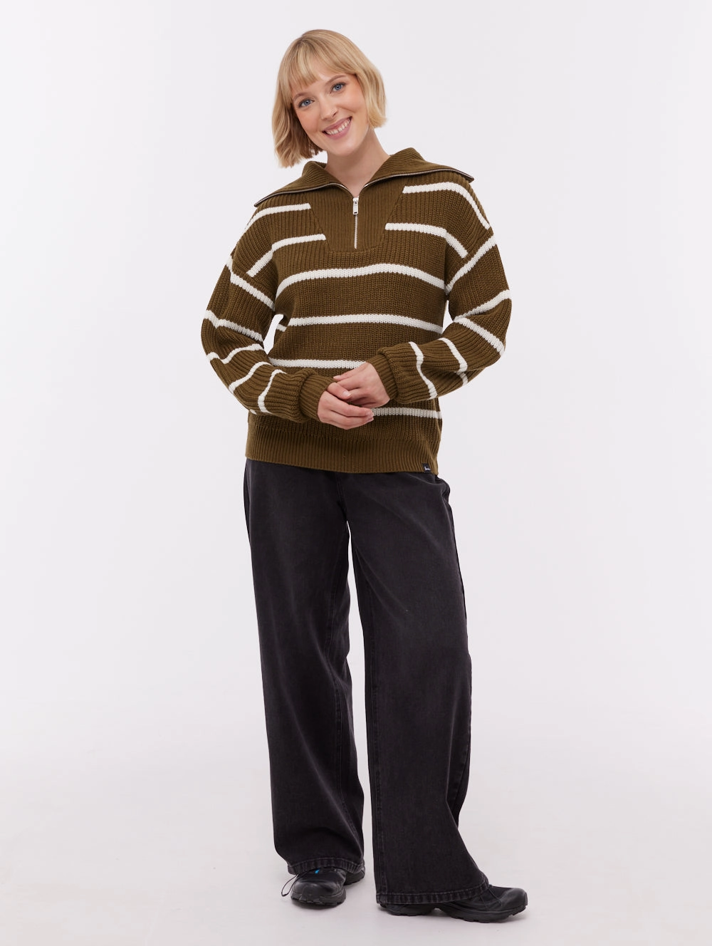 Reflective Logo Detail Margita Striped Zippered Funnel Sweater - Green