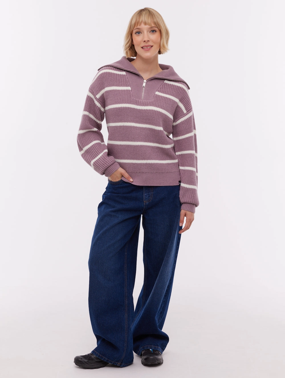 Margita Striped Zippered Funnel Sweater - Purple Flexible Neckline VersatileNeckline