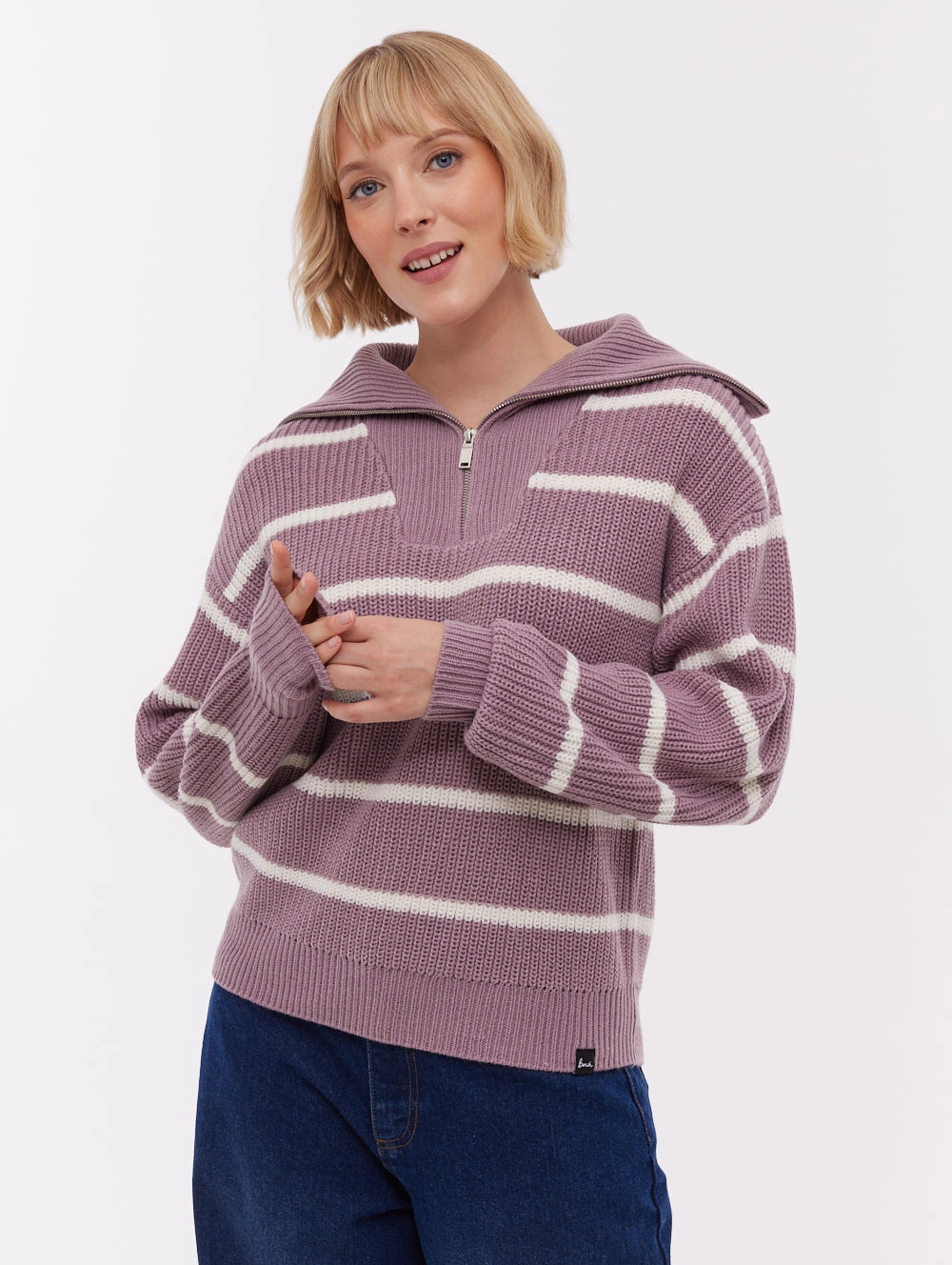 ThermalRegulating Fabric Basic Long Sleeve Margita Striped Zippered Funnel Sweater - Purple