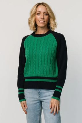 Marsha Cable Knit Sweater | Green   Navy Light Stretch Wear