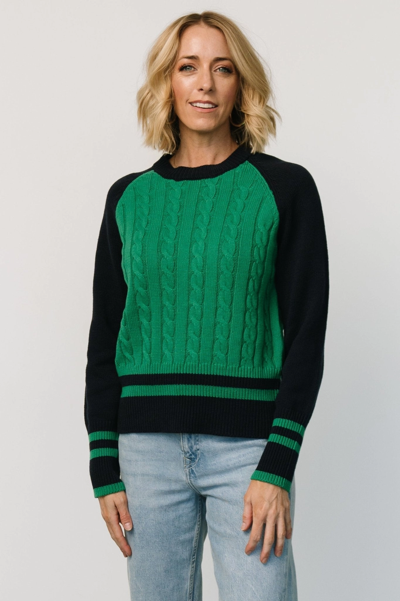 Winter Apparel Perfect Warmth Marsha Cable Knit Sweater | Green   Navy