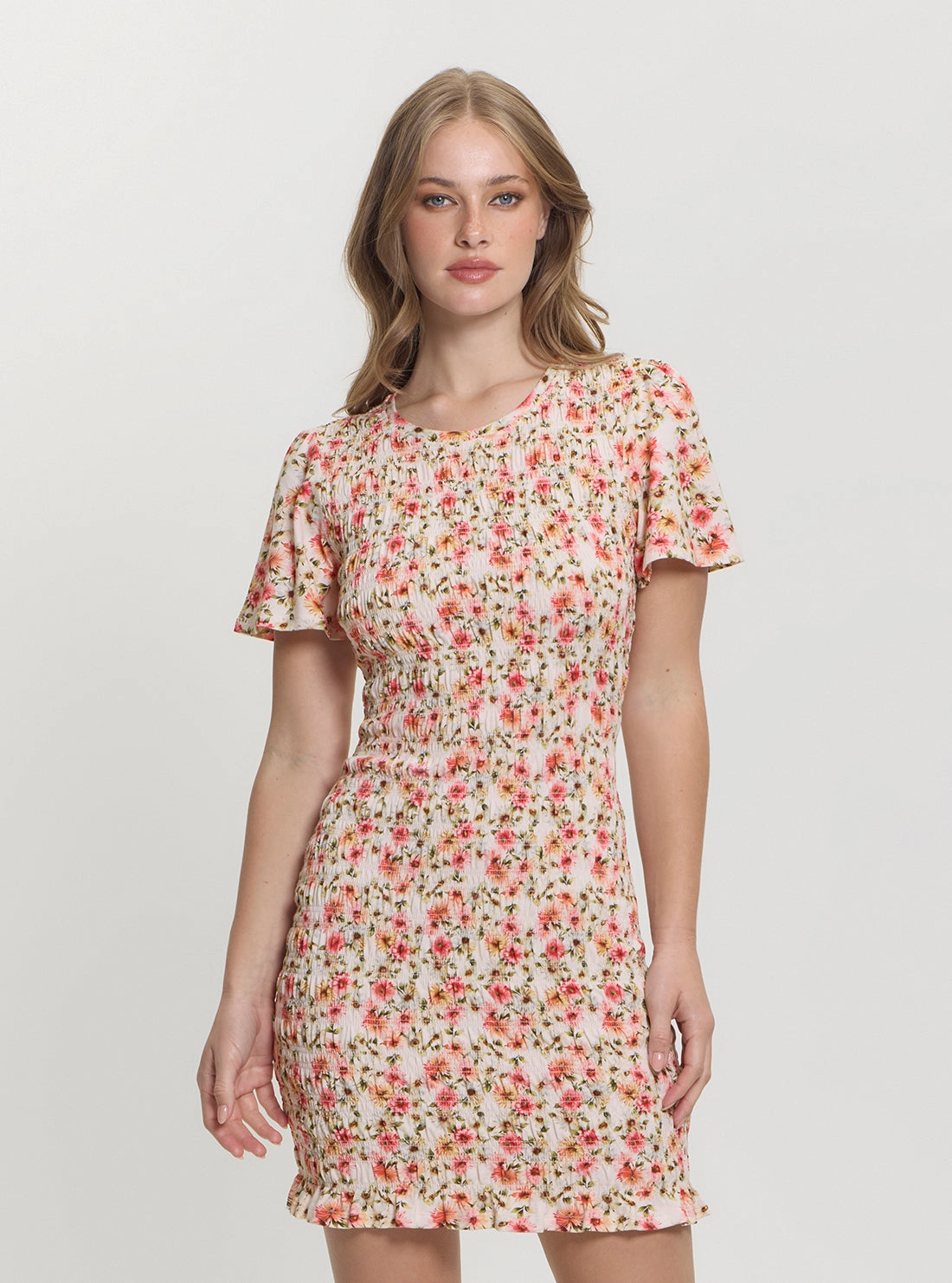 Floral Multi Claire Smock Mini Dress Simple Mood Wrinkle-Free-Finish