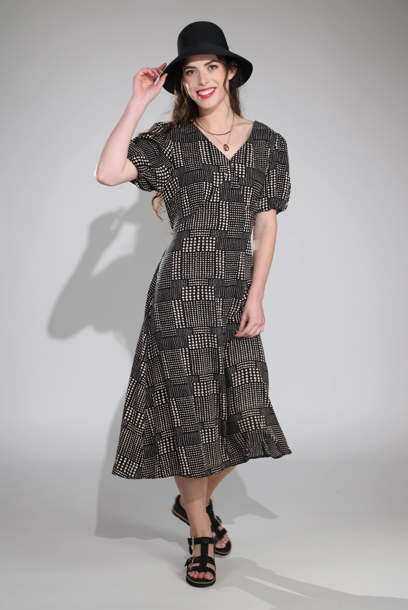 Chic Mom french chic Maxi Dress | Black Taupe Dots | 3326C1