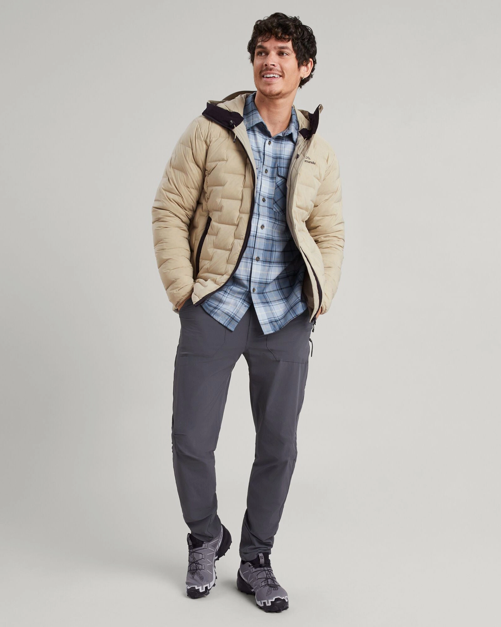 Adjustable Hood Feature Windproof Material Men's Federate Stretch Hooded Down Jacket - Olive Grey