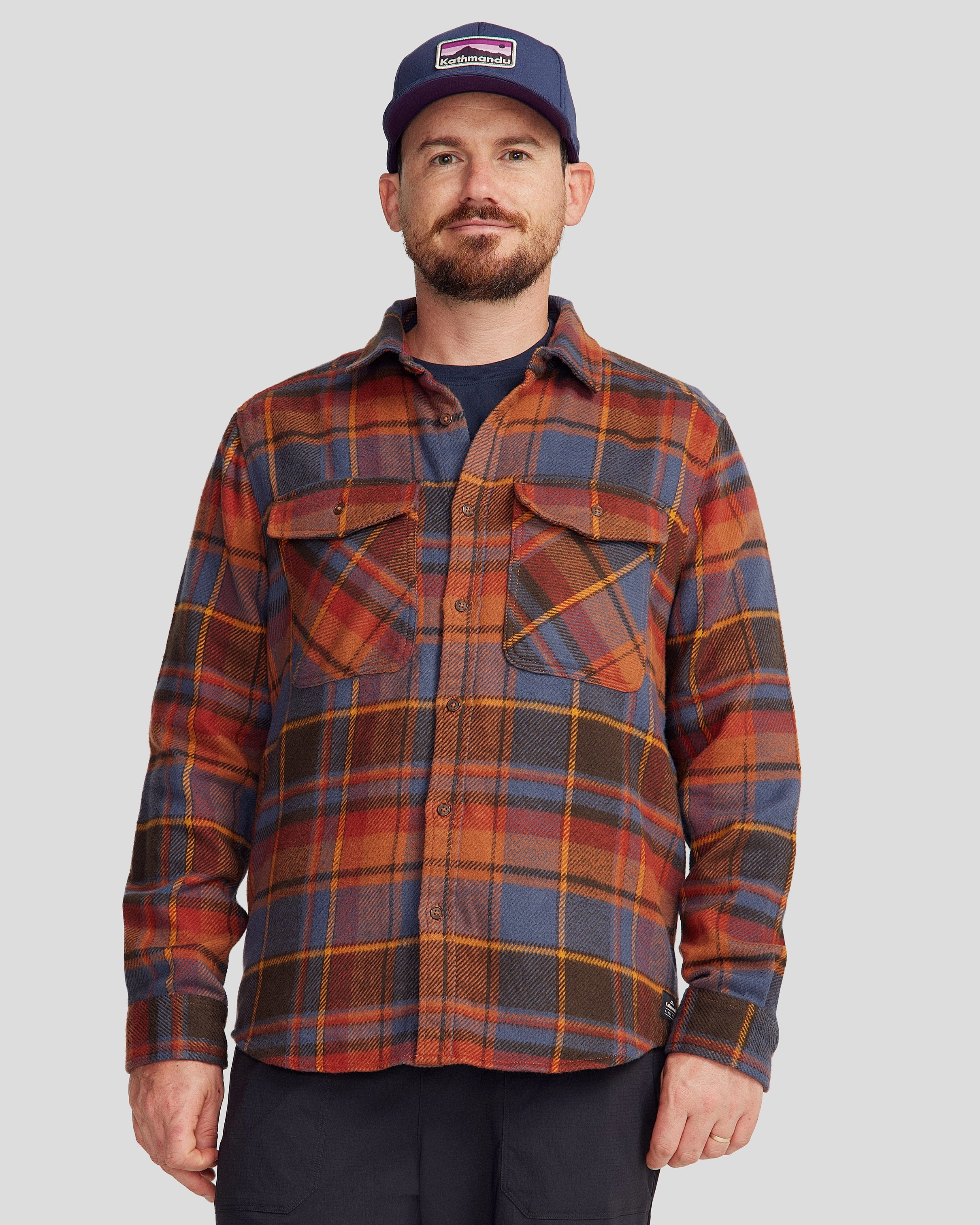 Men's Huntly Long Sleeve Shirt - Hut Plaid Redwood Hypoallergenic Lining Rugged Style
