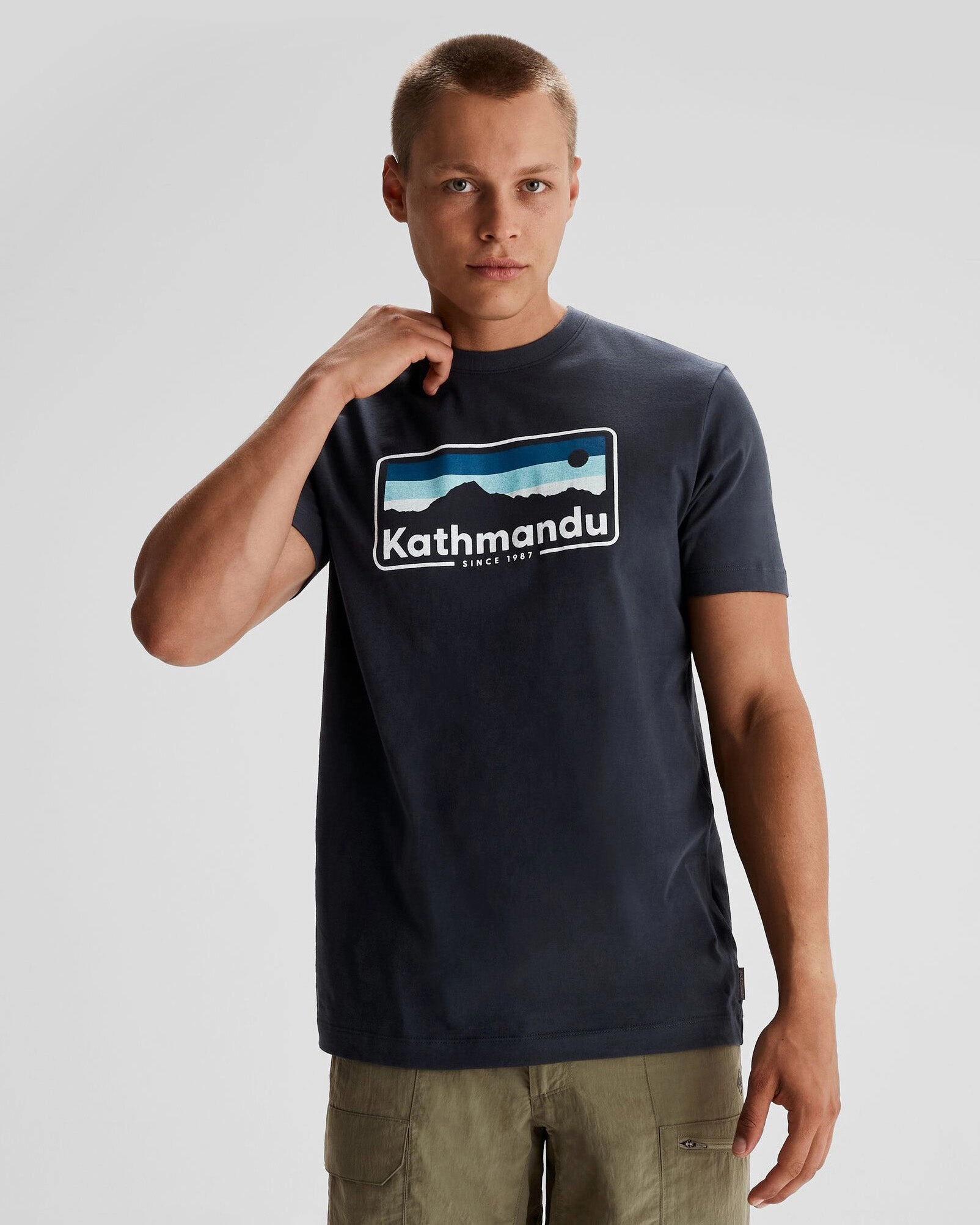 Anti Static Treatment ComfortStretch Men's Kathmandu Logo 70's Organic Cotton T-shirt - Midnight Navy