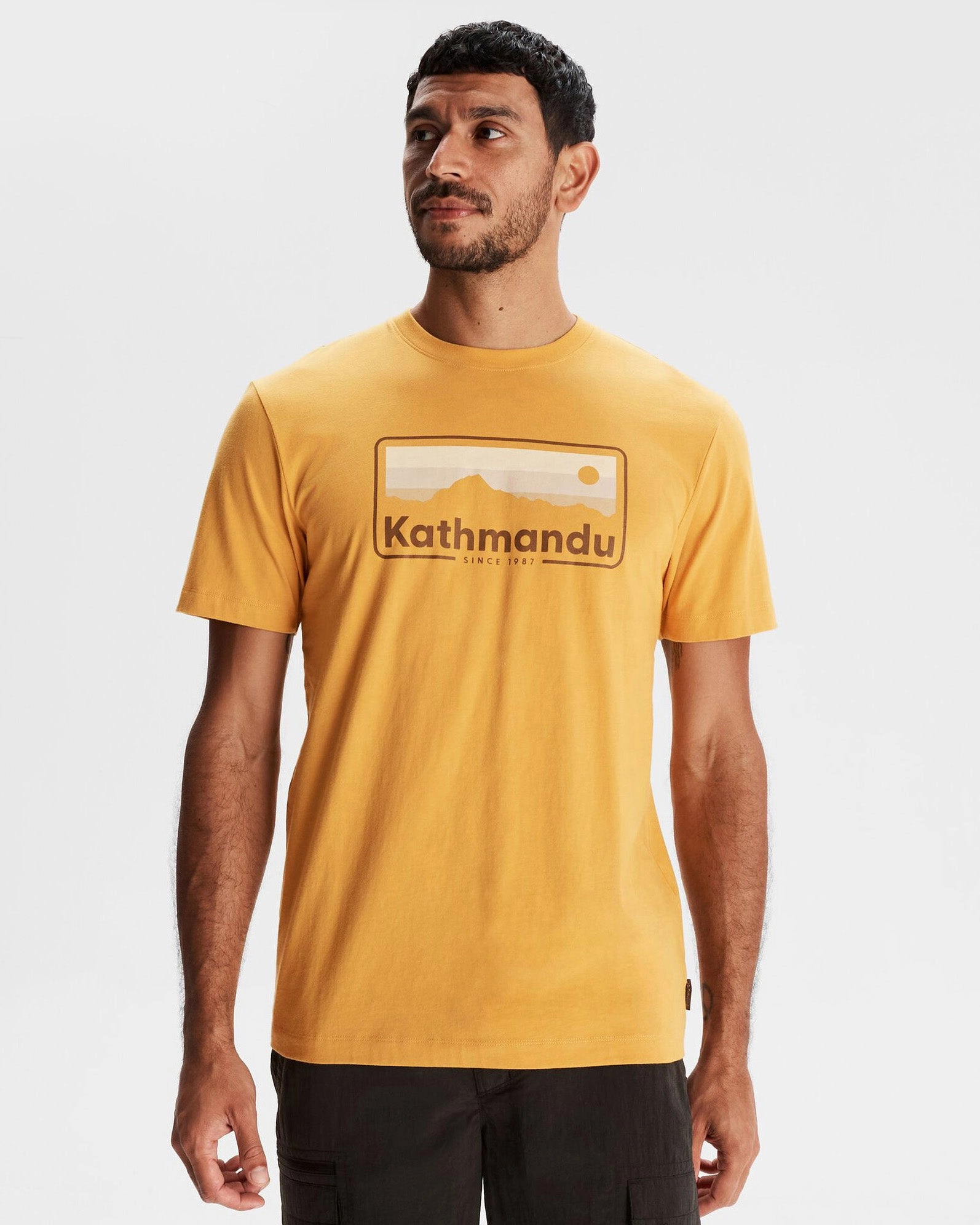 Men's Kathmandu Logo 70's Organic Cotton T-shirt - Mustard Yellow DualLayer Weave Breathable Linen Blend