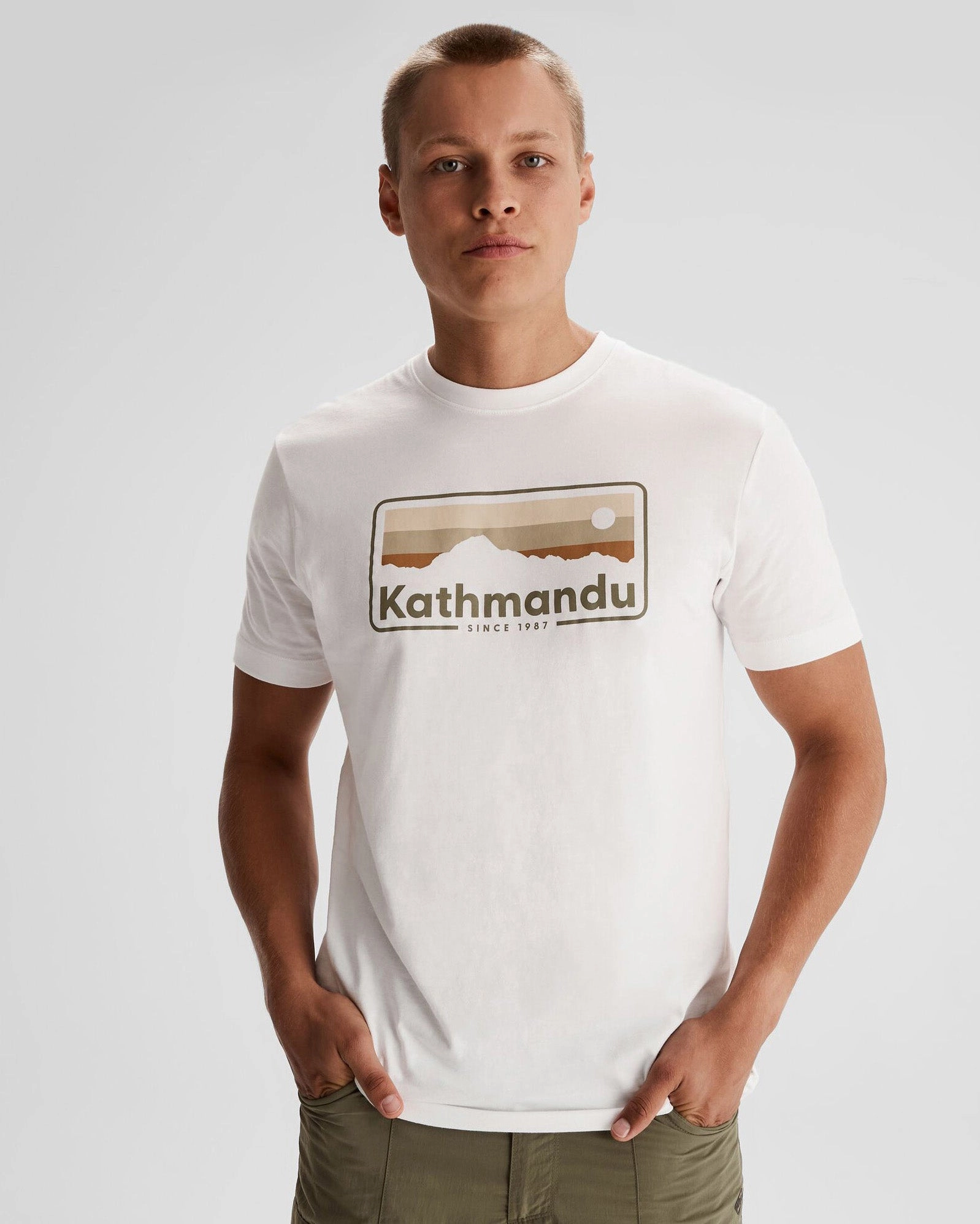 Men's Kathmandu Logo 70's Organic Cotton T-shirt - White AbrasionResistant Fabric