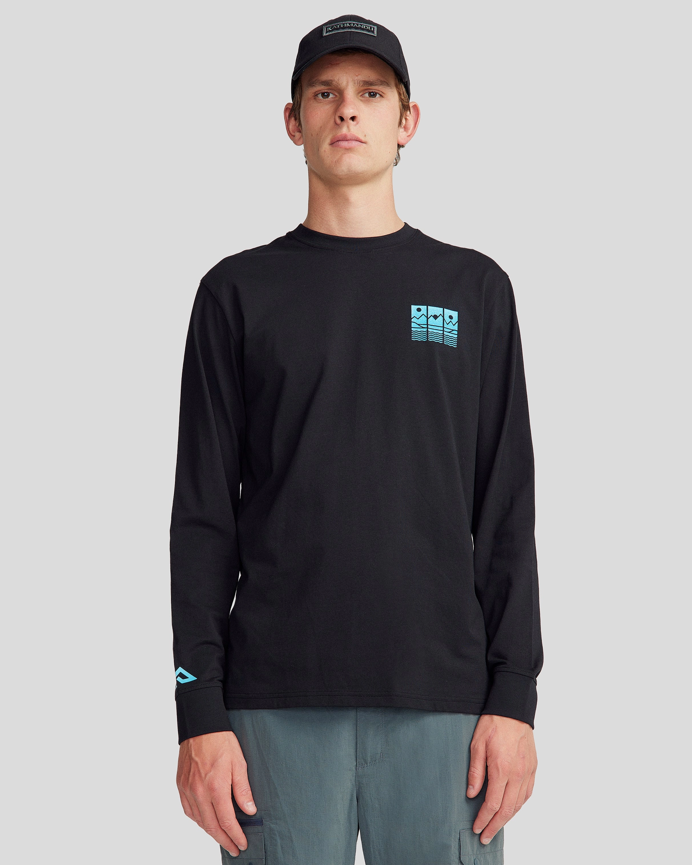 Men's Mountain Triptych Organic Cotton Long Sleeve T-shirt - Black Stingray Metallic Fiber Blend