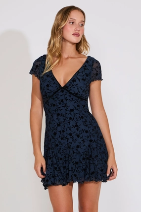 Jewel Tones Flawless Waistband Fit MESH VELVET FLORAL FLUTTER SLEEVE MINI DRESS