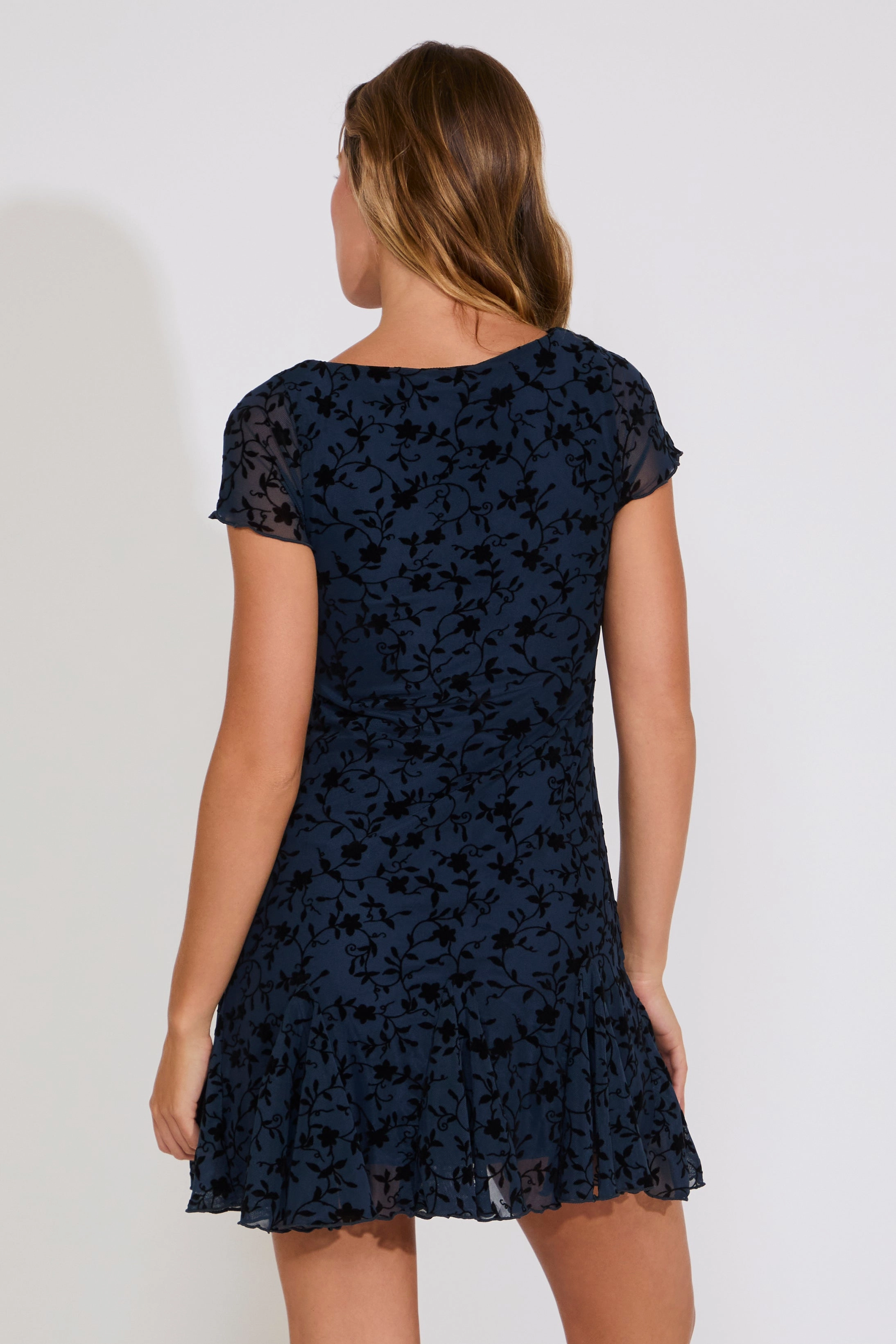 Anytime Wear Jewel Tones MESH VELVET FLORAL FLUTTER SLEEVE MINI DRESS