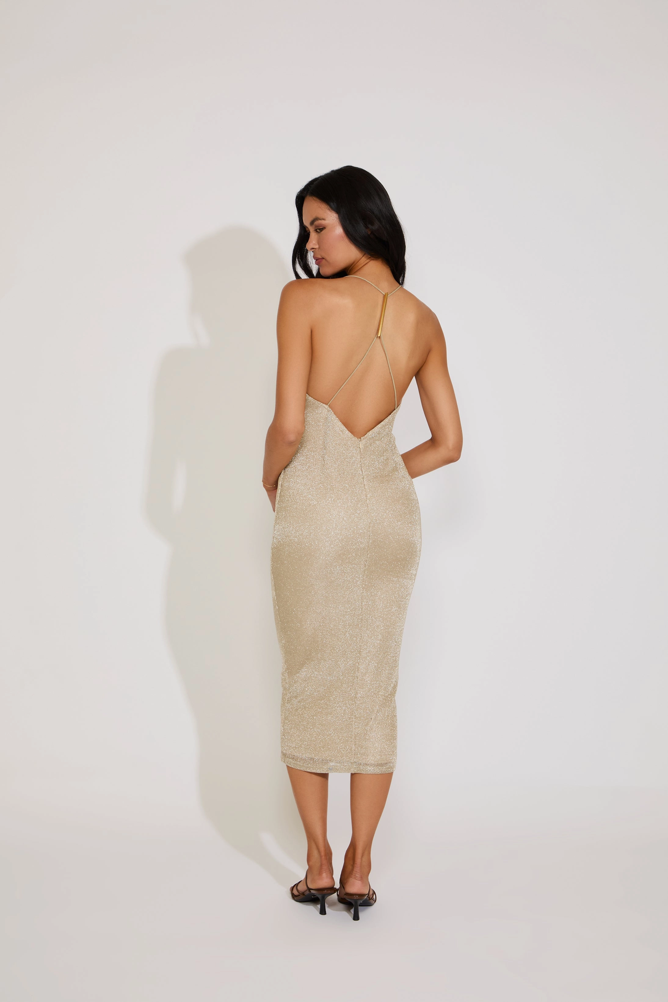 Event Glow Formal Style METALLIC KNIT WITH HARDWARE TRIM MIDI DRESS