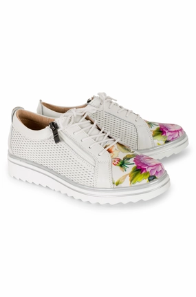 Weather Friendly Heel Crash Pads Leather Sneaker with toe print | WHITE FLORAL | CASAS AB