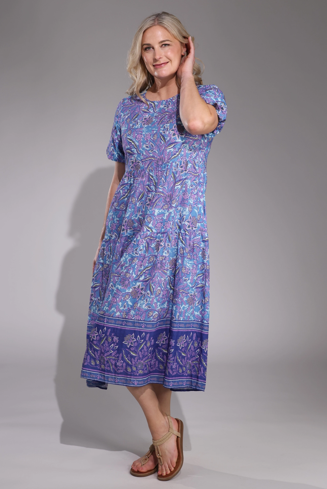 perfect for events Midi Summer Dress | Lilac Blu Vine Border | 6542C1