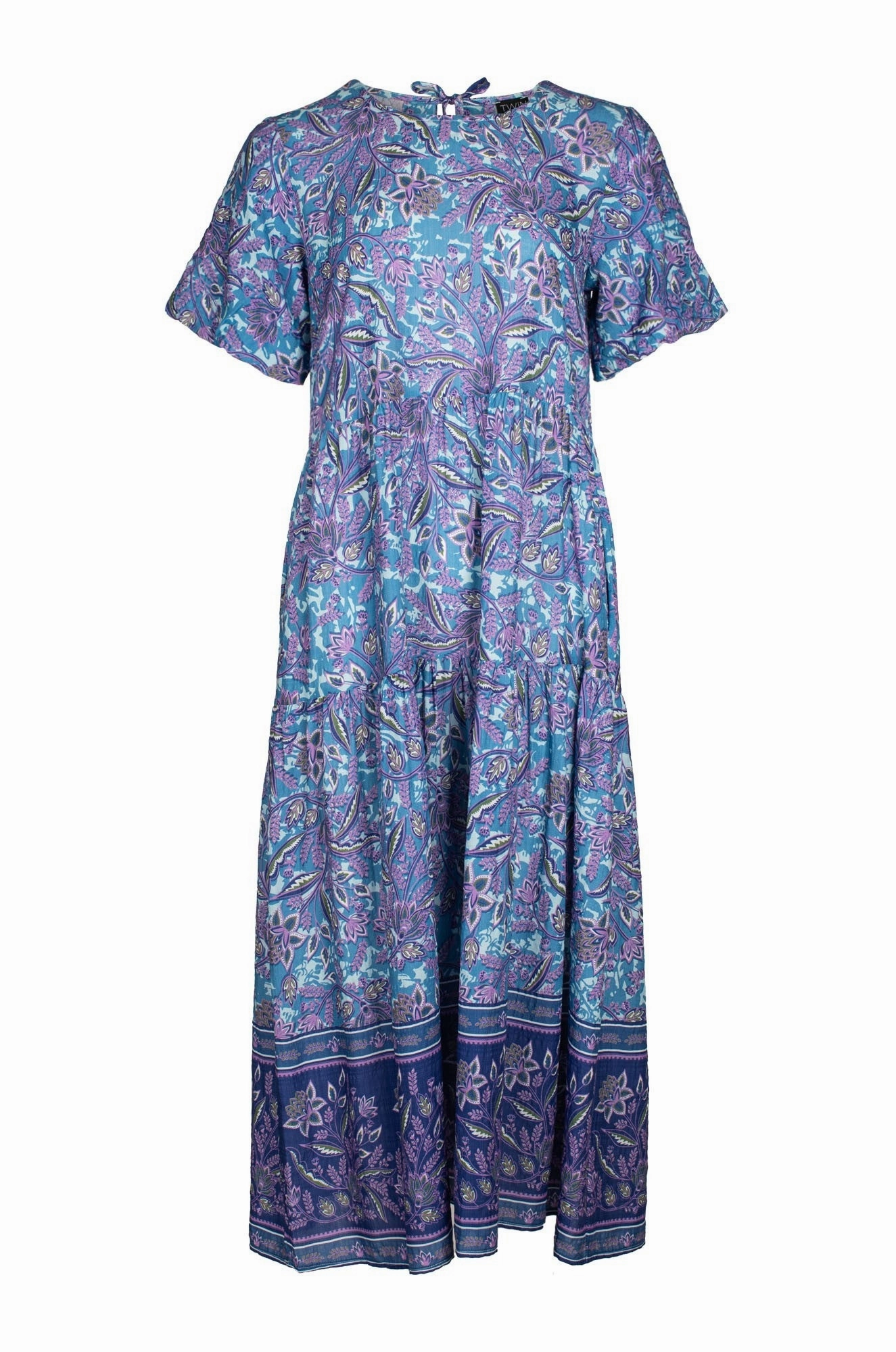 Layered Form Versatile party outfit Midi Summer Dress | Lilac Blu Vine Border | 6542C1