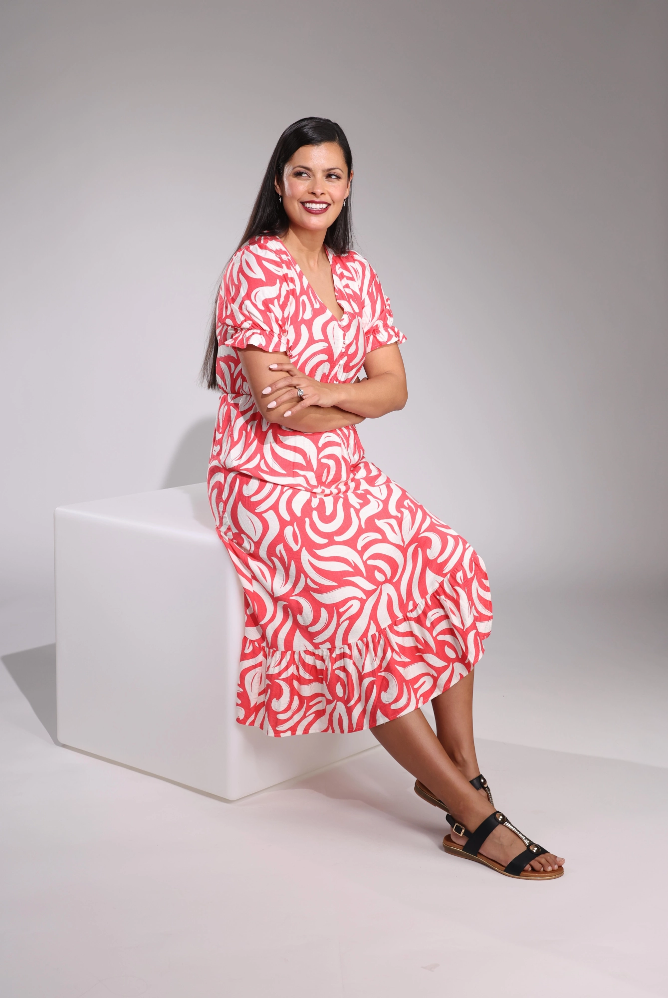 Midi Sundress | Coral Curves | 0106C1 Flared shape Romantic date dress