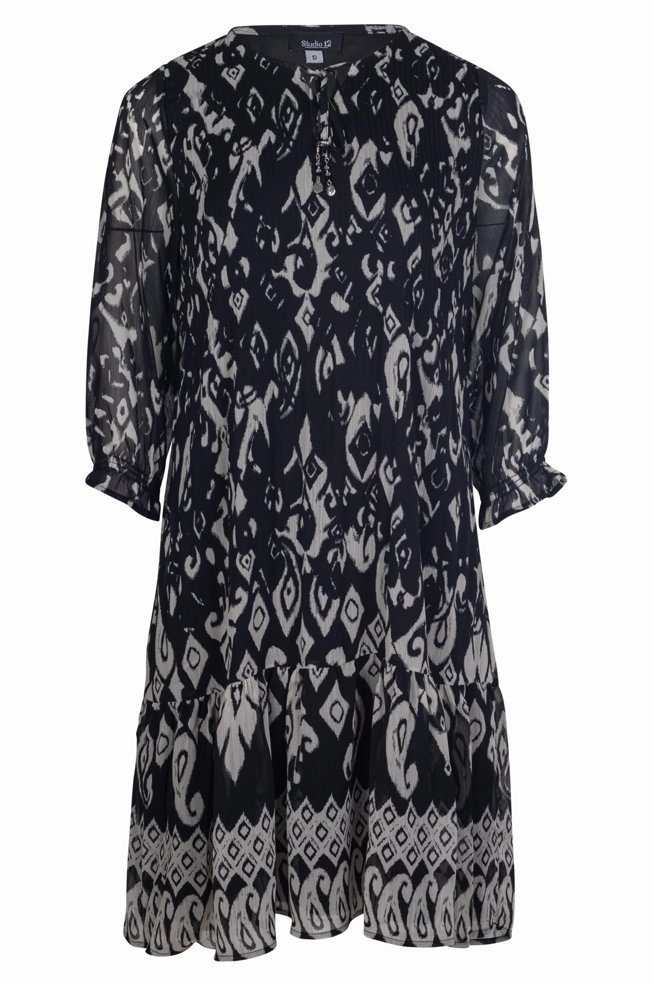 Mini pleat printed Chiffon Dress | Black Ivory Border | 8579A1 Fresh Outfit Spring Style