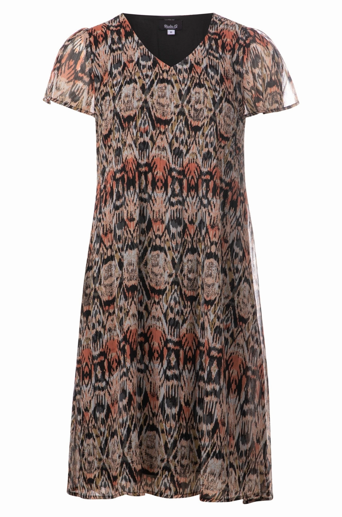 Cocktail Ready Relaxed Finish Mini pleat printed Chiffon Dress | Natural Coral Aztec | 8575A1