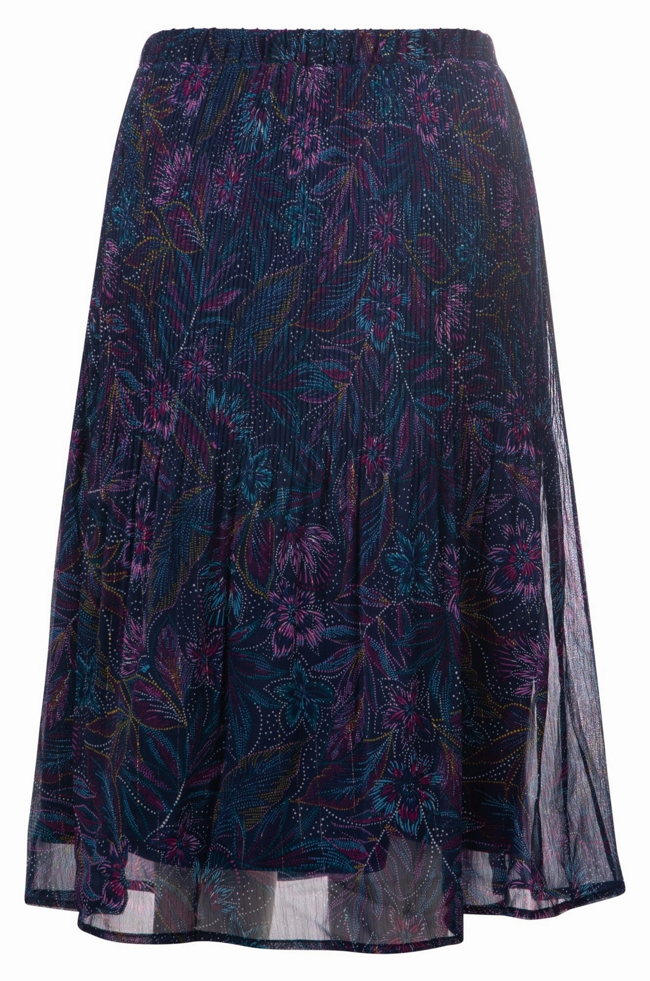 Chic Fit Subtle Detail Mini pleat printed Chiffon Skirt | Navy Purple Sketch | 8574A1