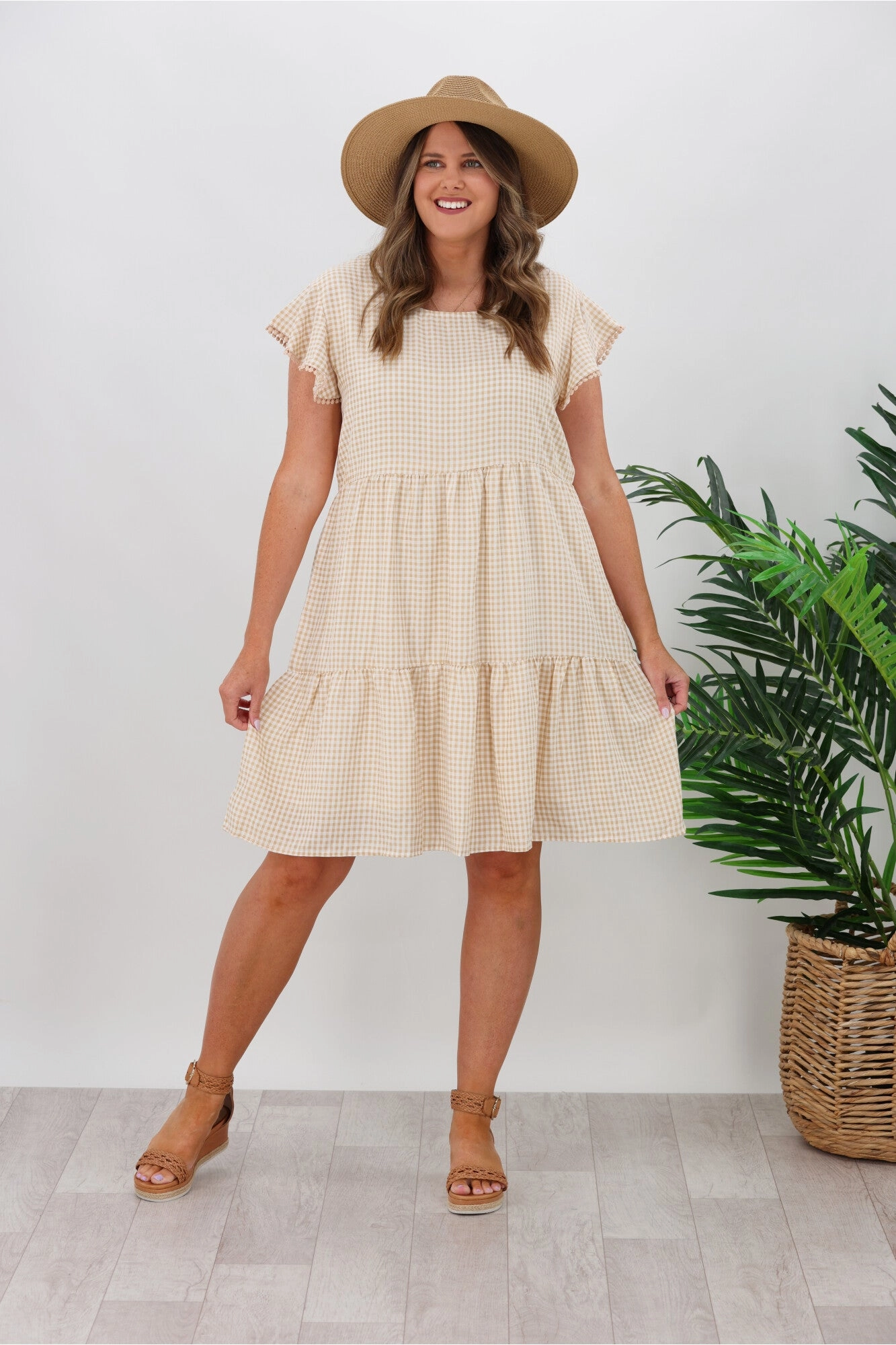 Scoop-Neck Miracle Lace Trim Gingham Ruffle Dress Latte