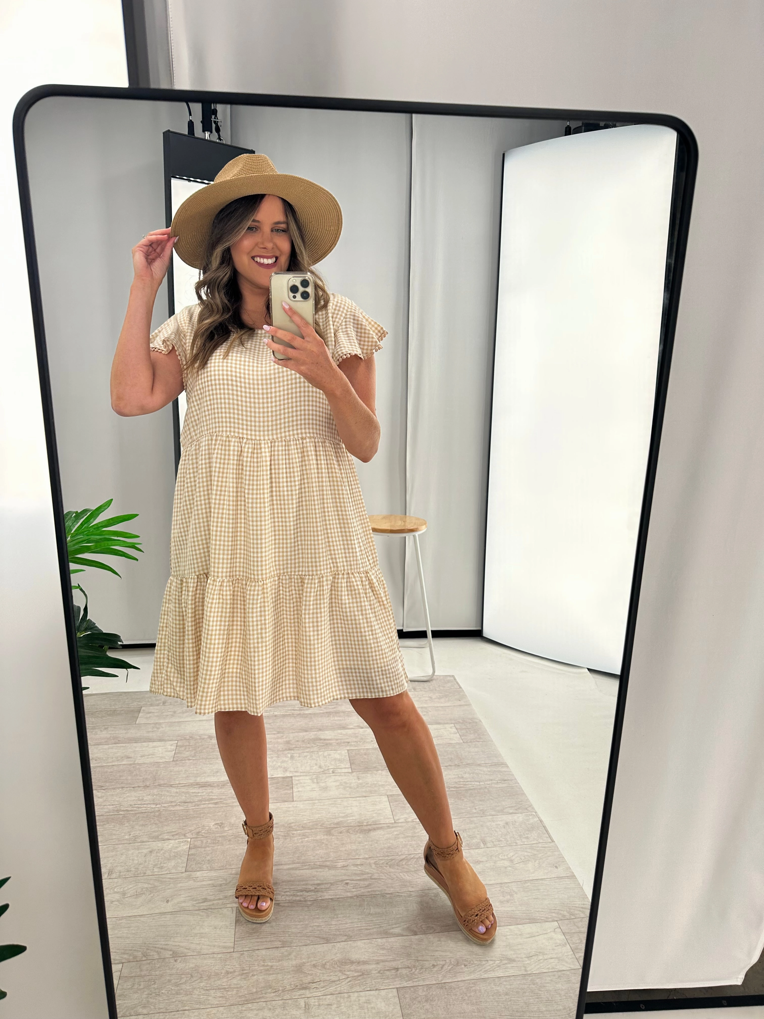 Miracle Lace Trim Gingham Ruffle Dress Latte Vibrant Tone