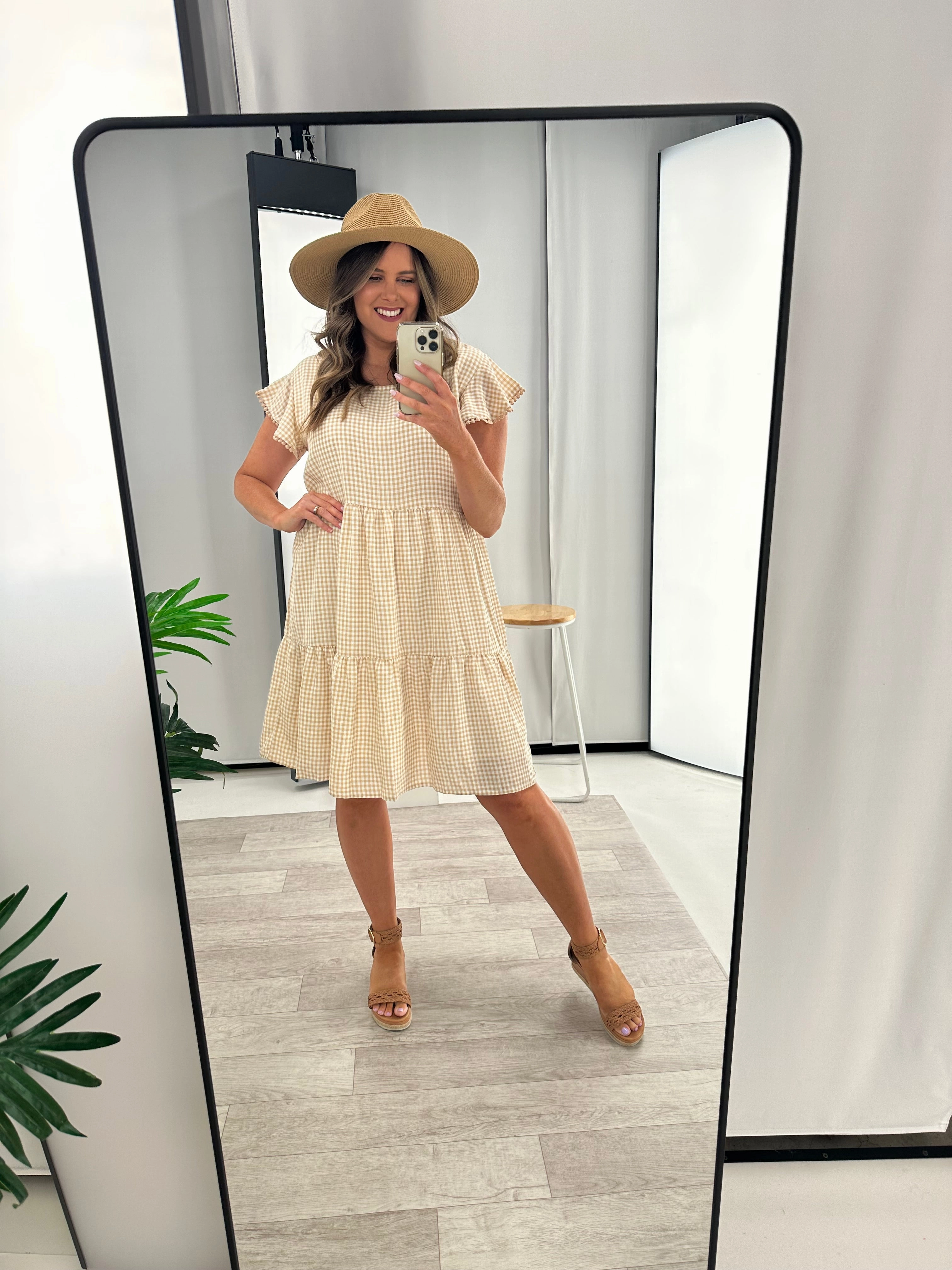 Miracle Lace Trim Gingham Ruffle Dress Latte Sleek Volume Textured Look