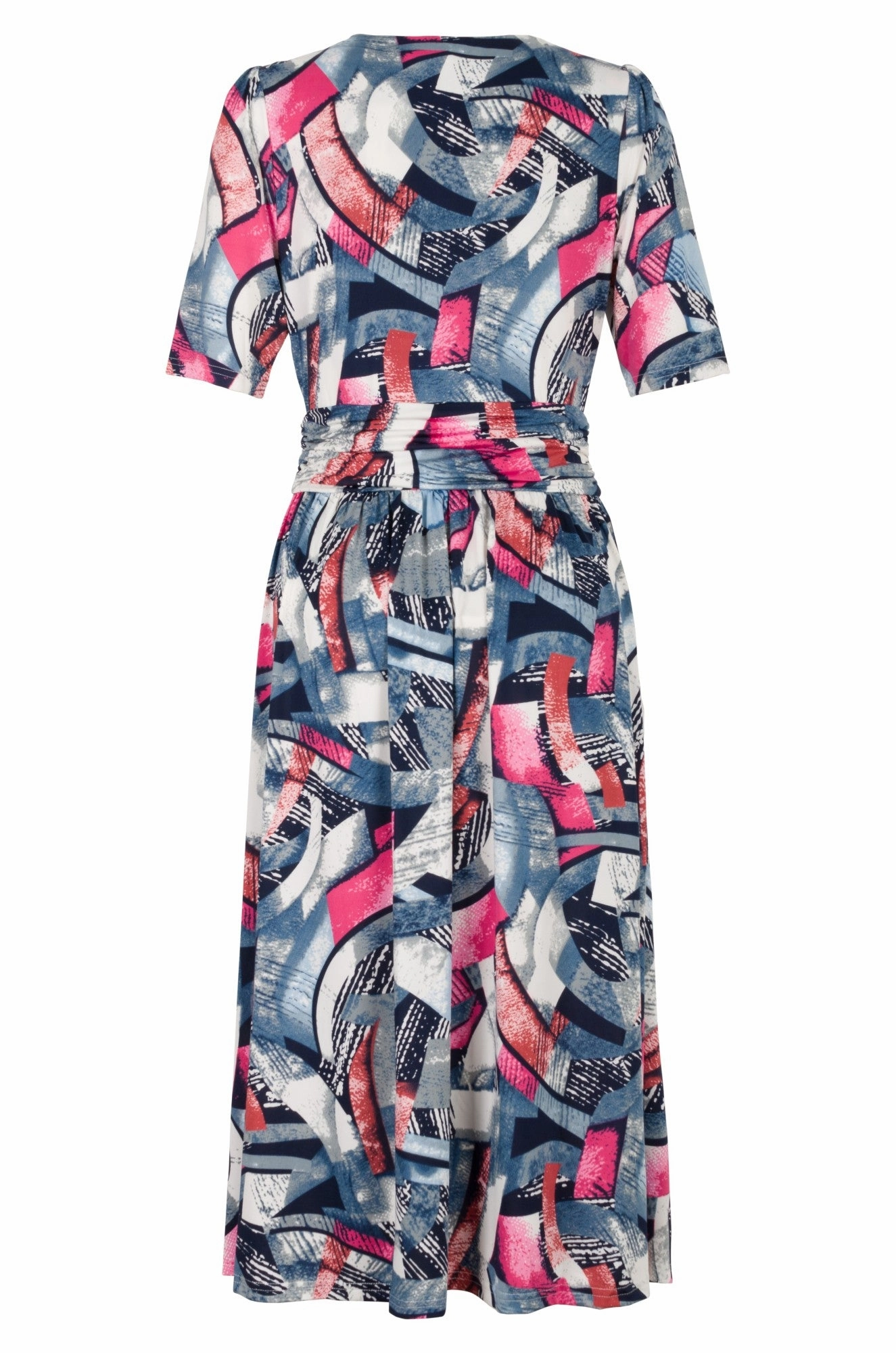 V neck Midi Dress with rouch waist | BLUE PINK ABSTRACT | 0022A1 Sharp Motion