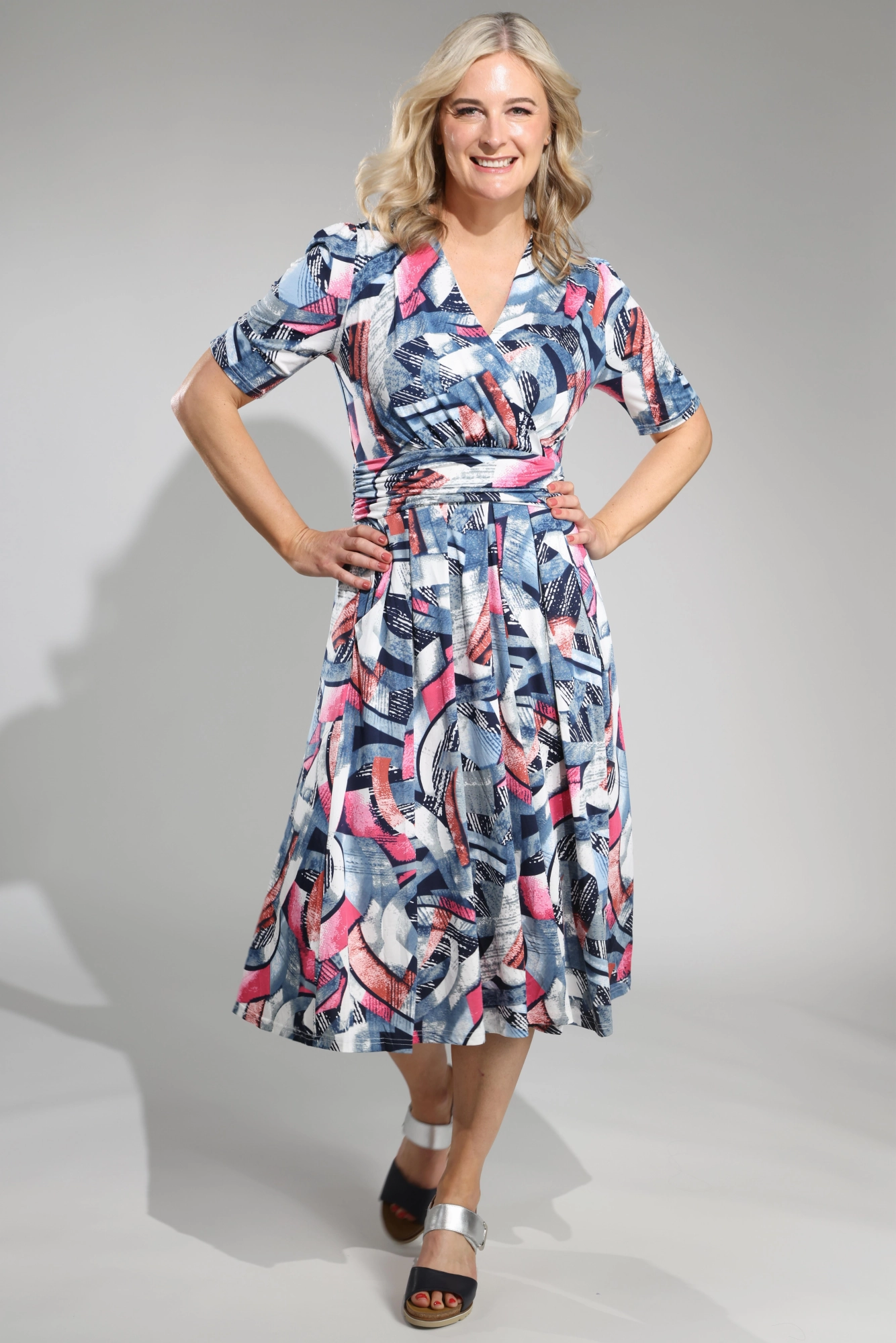 Effortless Fit Design V neck Midi Dress with rouch waist | BLUE PINK ABSTRACT | 0022A1