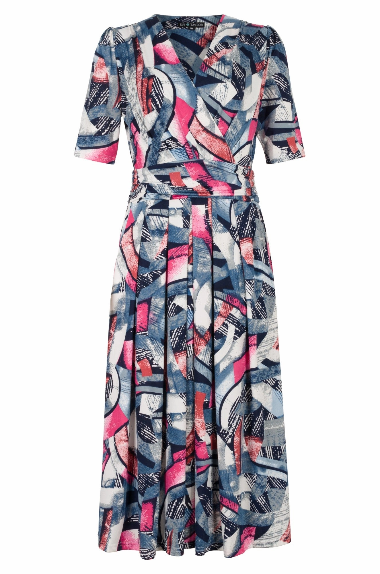 Applique-Detail Grab Quick V neck Midi Dress with rouch waist | BLUE PINK ABSTRACT | 0022A1