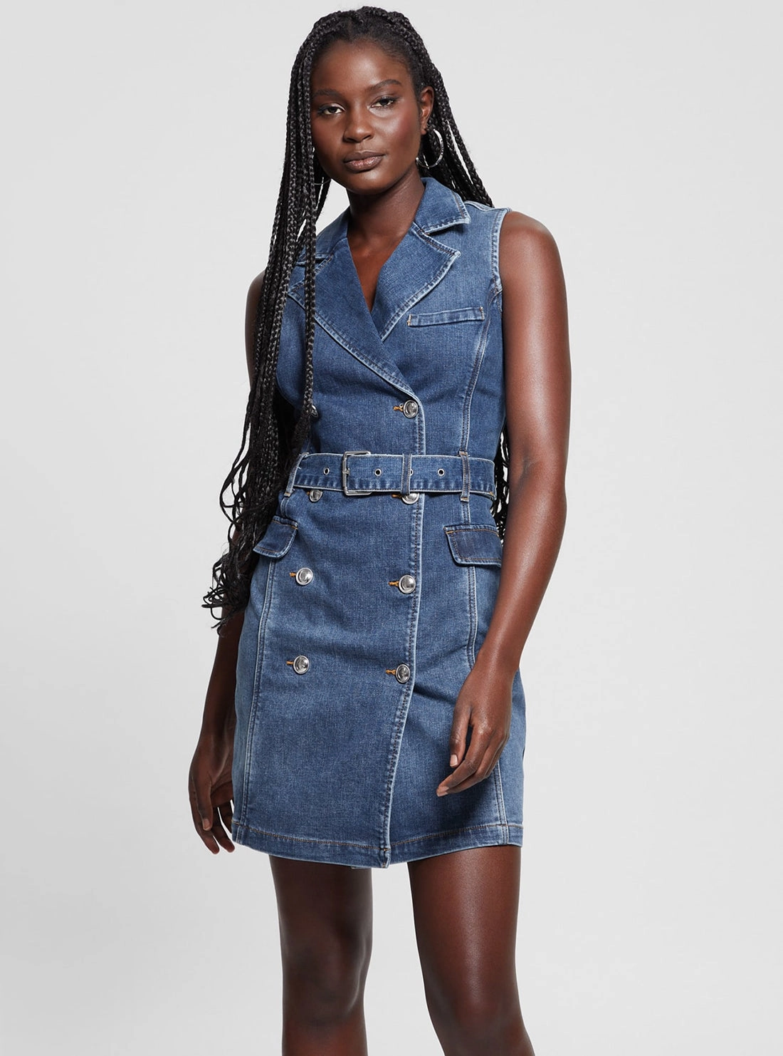 Easy Look Light Sheen Blue Denim Anela Trench Mini Dress