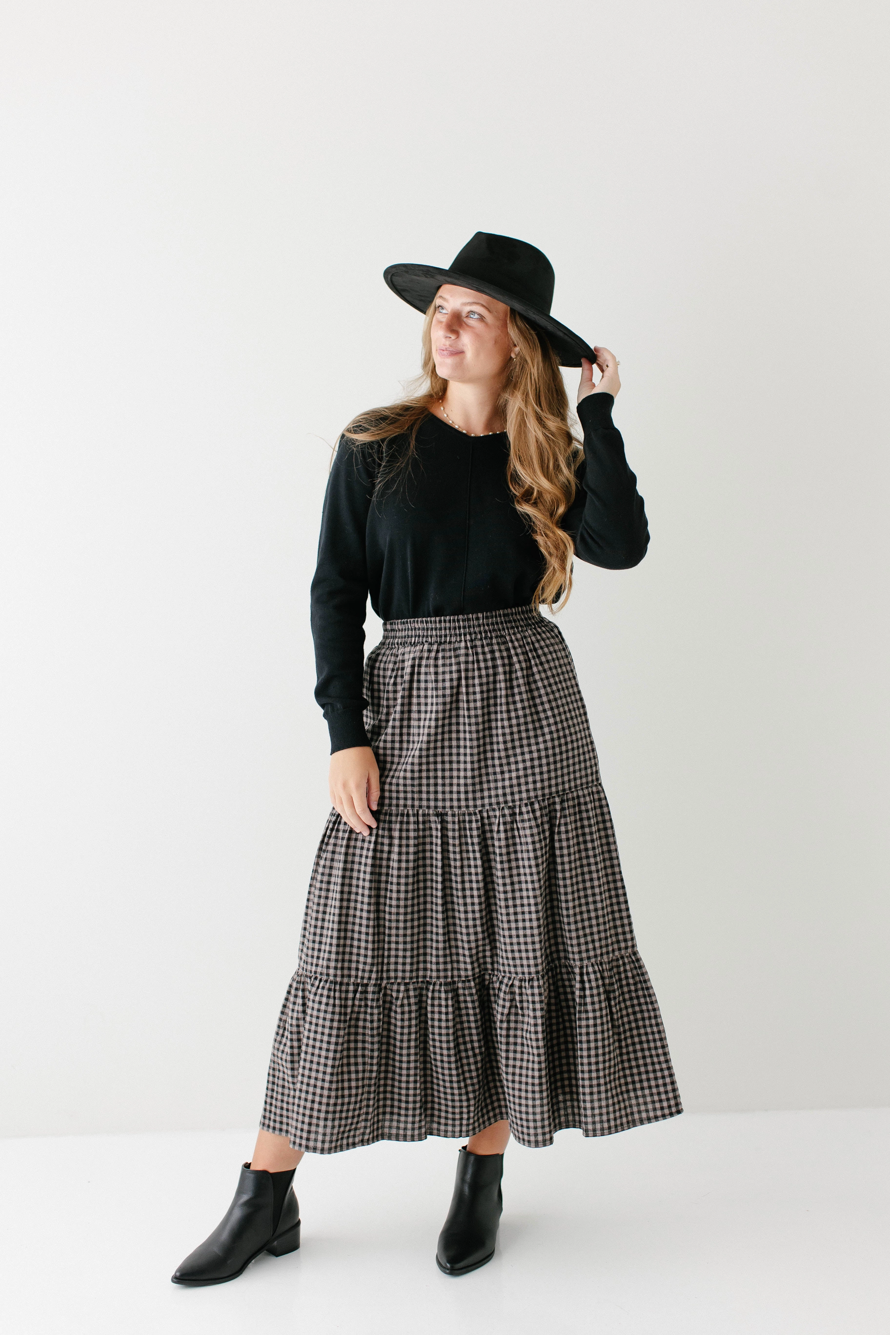 'Bronte' Tiered Gingham Cotton Midi Skirt Anti Static Lining Ventilated Slits