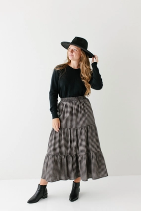 Structured Shape tech fabric 'Bronte' Tiered Gingham Cotton Midi Skirt