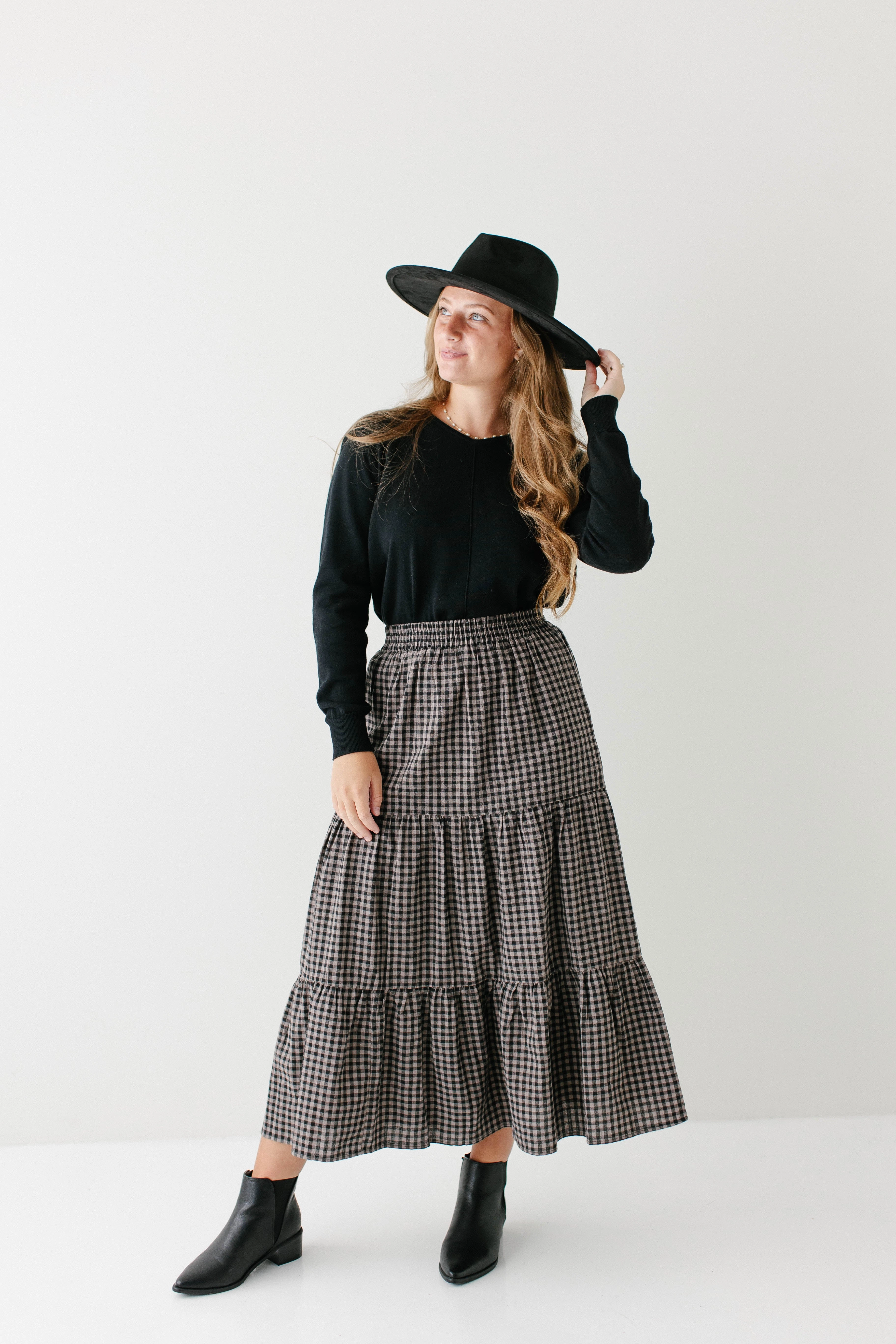 Chic Look Travel Influence 'Bronte' Tiered Gingham Cotton Midi Skirt